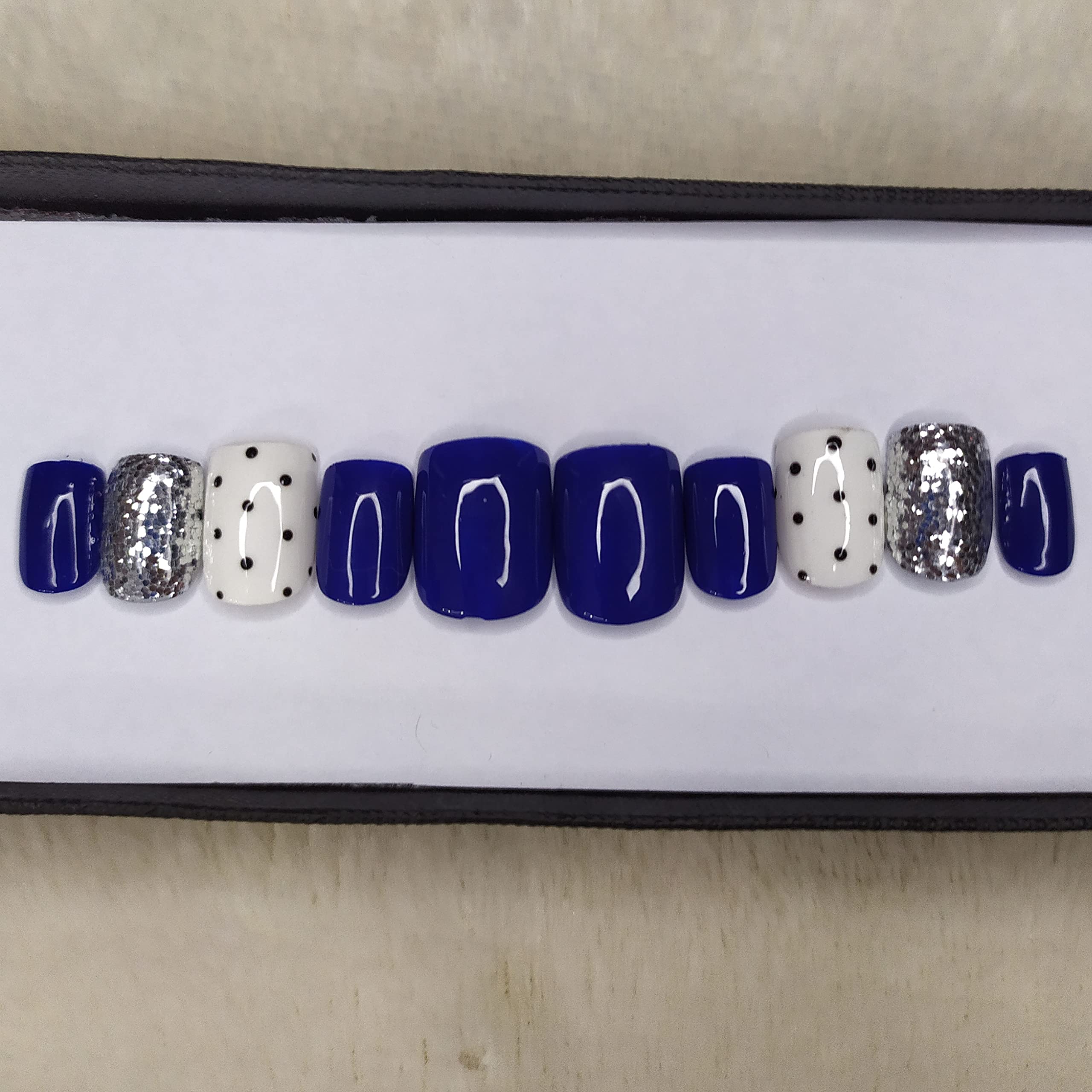 Glossy Blue Black Dots Glitter Press on Fake Nails - Square Artificial Nails with Complete Application Kit (12 Nails) - Perfect for Parties, Weddings & Special Occasions