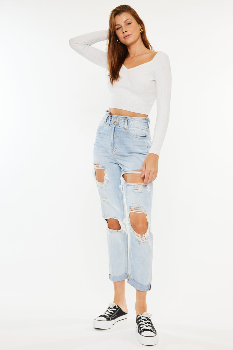 Darel Ultra High Rise Paperbag Mom Jeans - Vintage High Waisted Stretch Denim Pants for Women | Perfect for Casual Outfits, Street Style & Everyday Wear