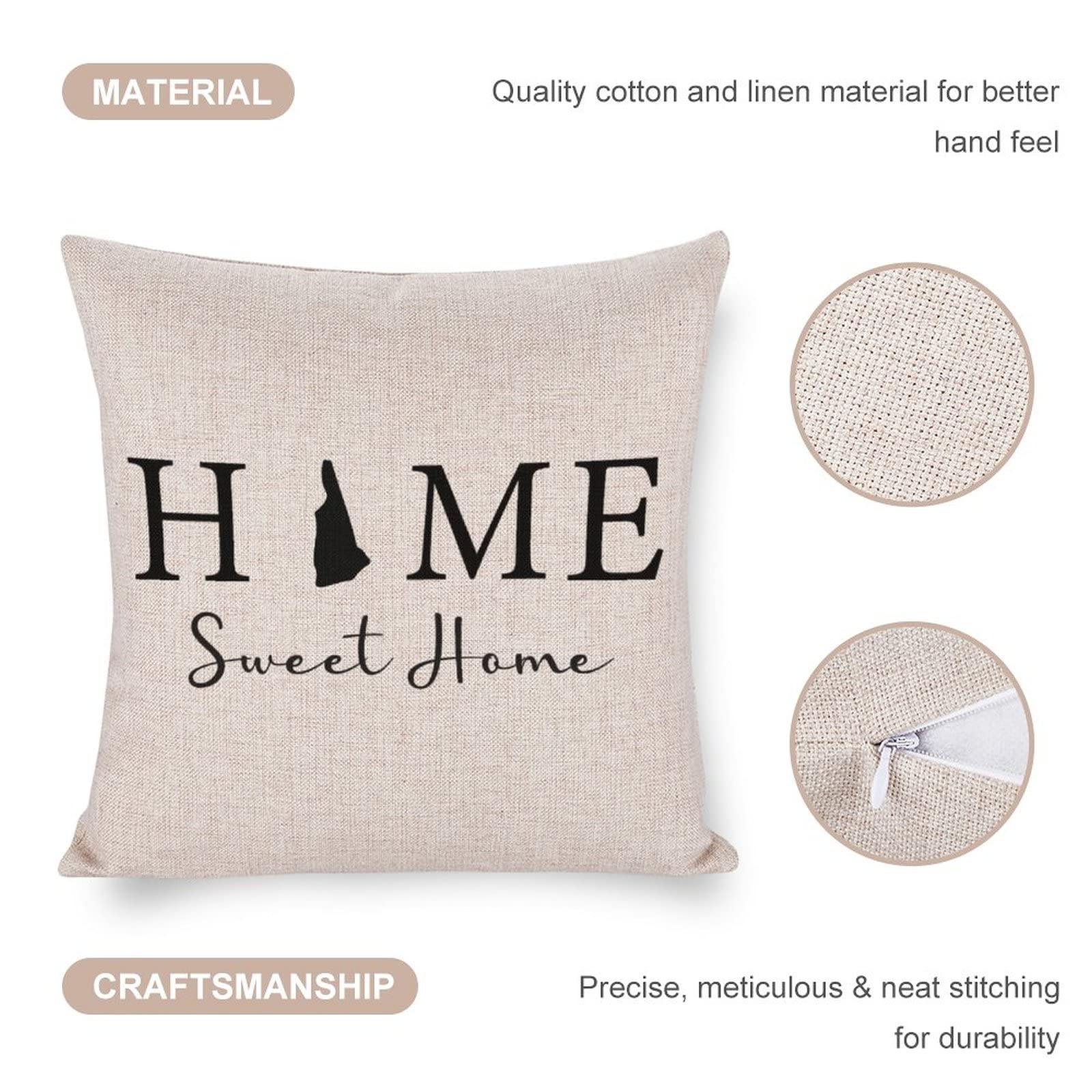16x16 Inch Farmhouse Style Pillow Covers - New Hampshire State Map Design with 'Home Sweet Home' Text - Decorative Throw Pillow Cases for Couch, Bed & Seasonal Decor | Perfect for Living Room, Bedroom & Holiday Home Decor