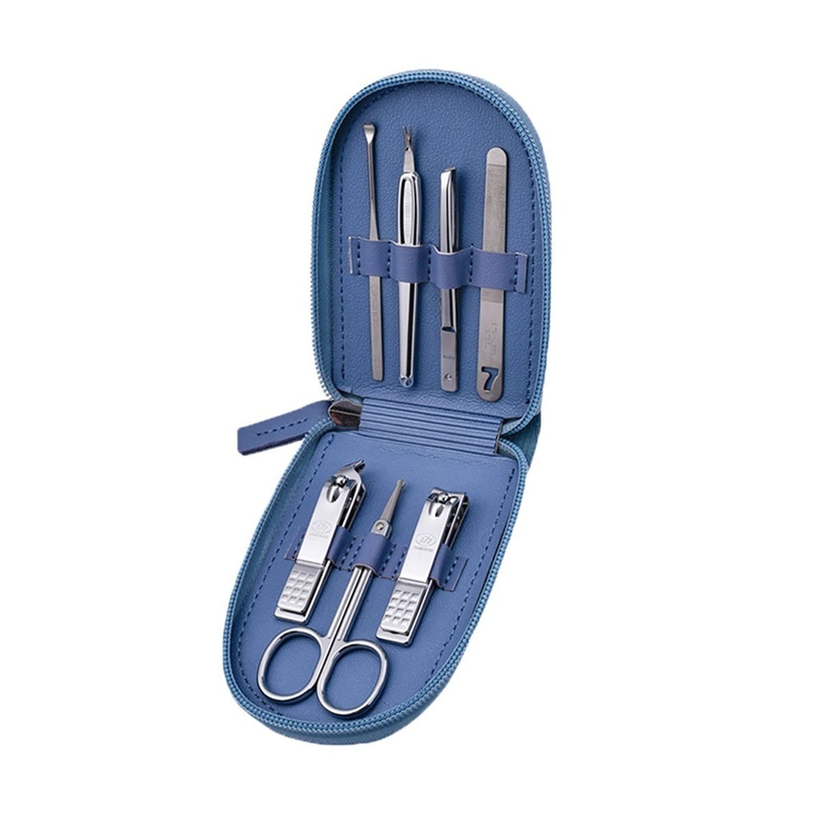 7-Piece Professional Nail Care Kit - Manicure & Pedicure Set with Nail Clippers, Nail Files, Portable Blue PU Leather Case - Perfect for Travel, Home & Salon Use