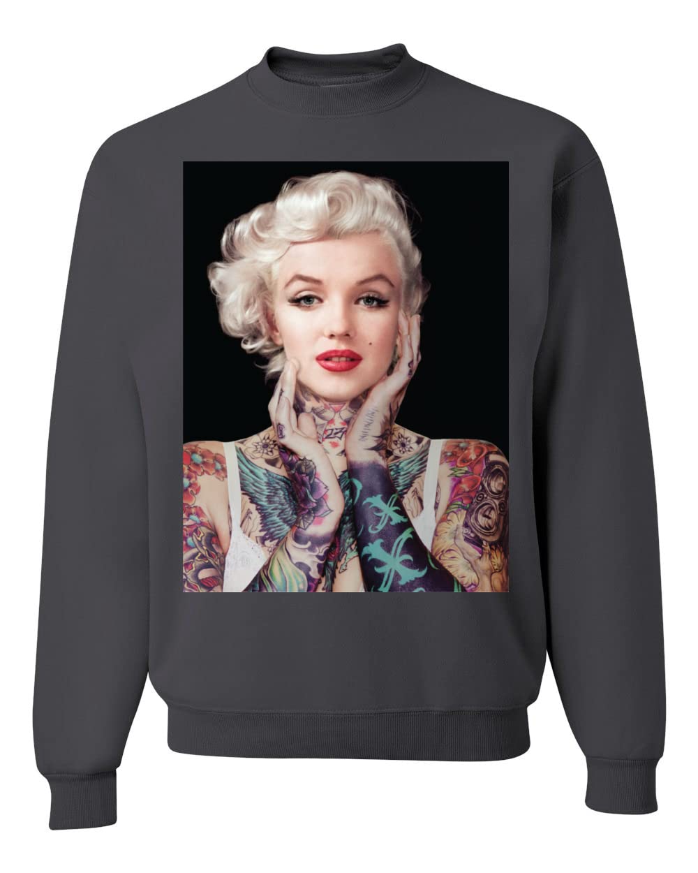 Wild Bobby Marilyn Monroe Tattoo Design Black Pop Culture Unisex Crewneck Graphic Sweatshirt | Vintage Inspired Streetwear for Men & Women | Perfect for Concerts, Parties & Casual Outfits