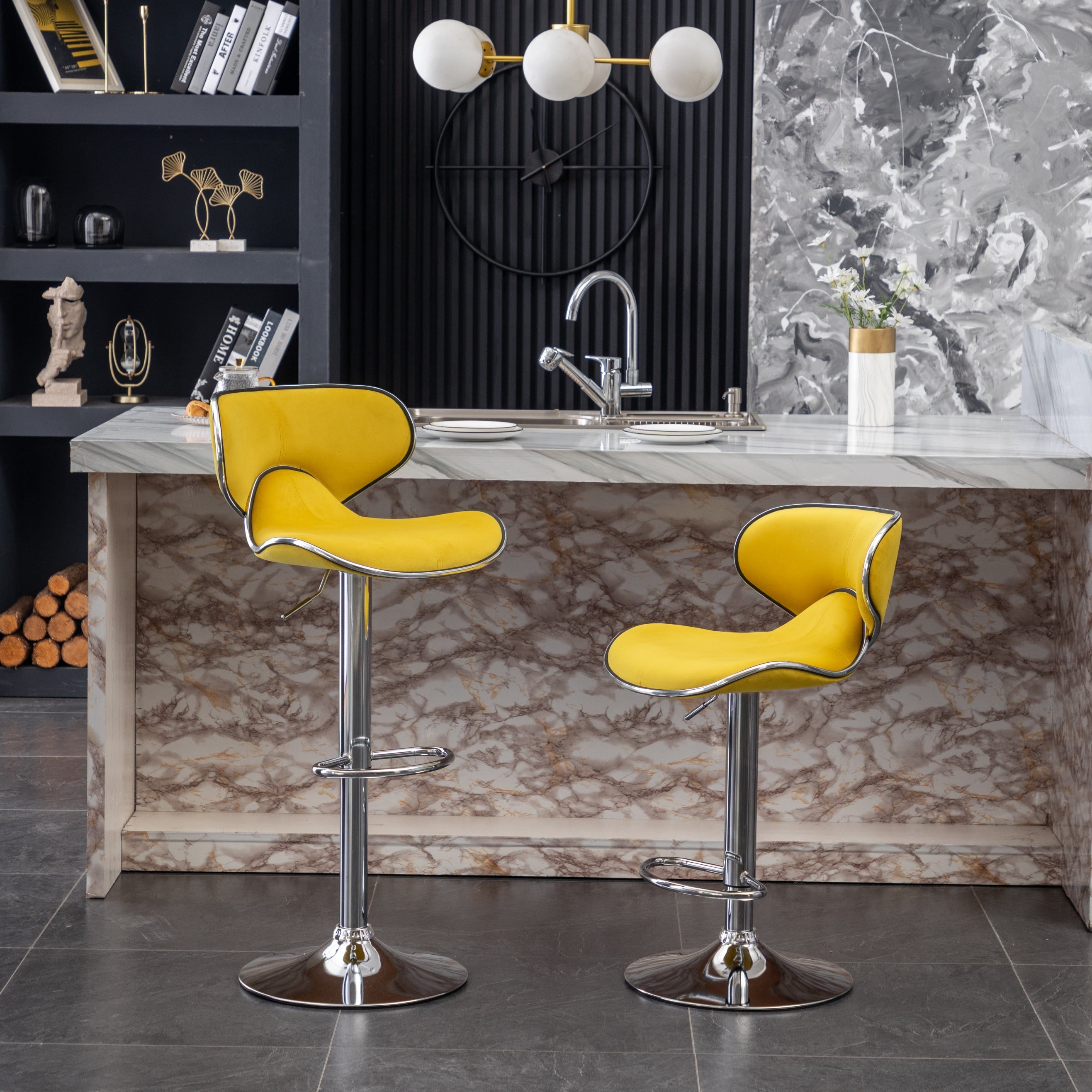 Roundhill Furniture Masaccio Velvet Upholstered Adjustable Swivel Bar Stool - Set of 2, Yellow - Perfect for Kitchen Islands, Home Bars & Breakfast Nooks