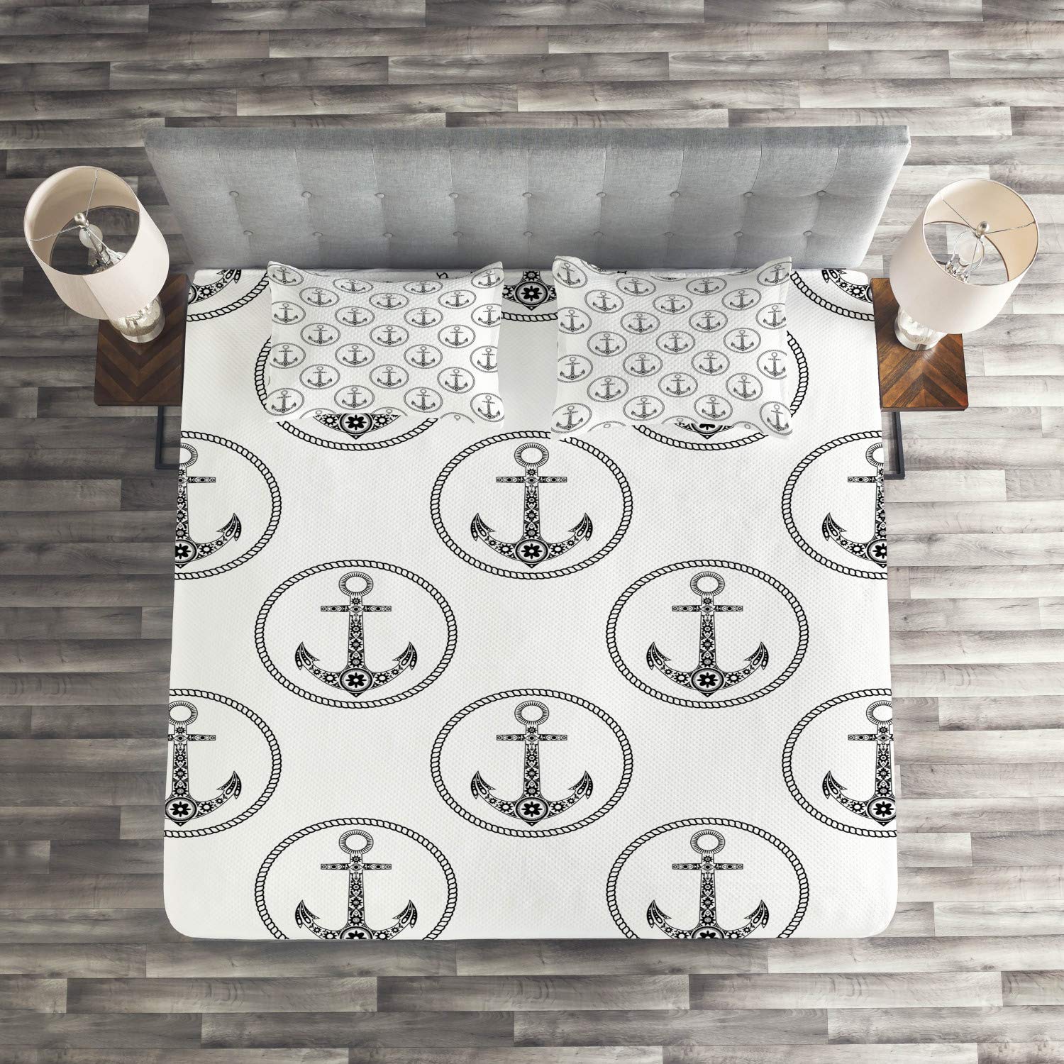 Ambesonne King Size 3-Piece Quilted Bedspread Set with 2 Pillow Shams - Navy Blue & White Floral Anchor Design, Marine Circle Pattern - Perfect for Coastal Bedroom Decor, Summer Home Styling, and Nautical Themed Guest Rooms