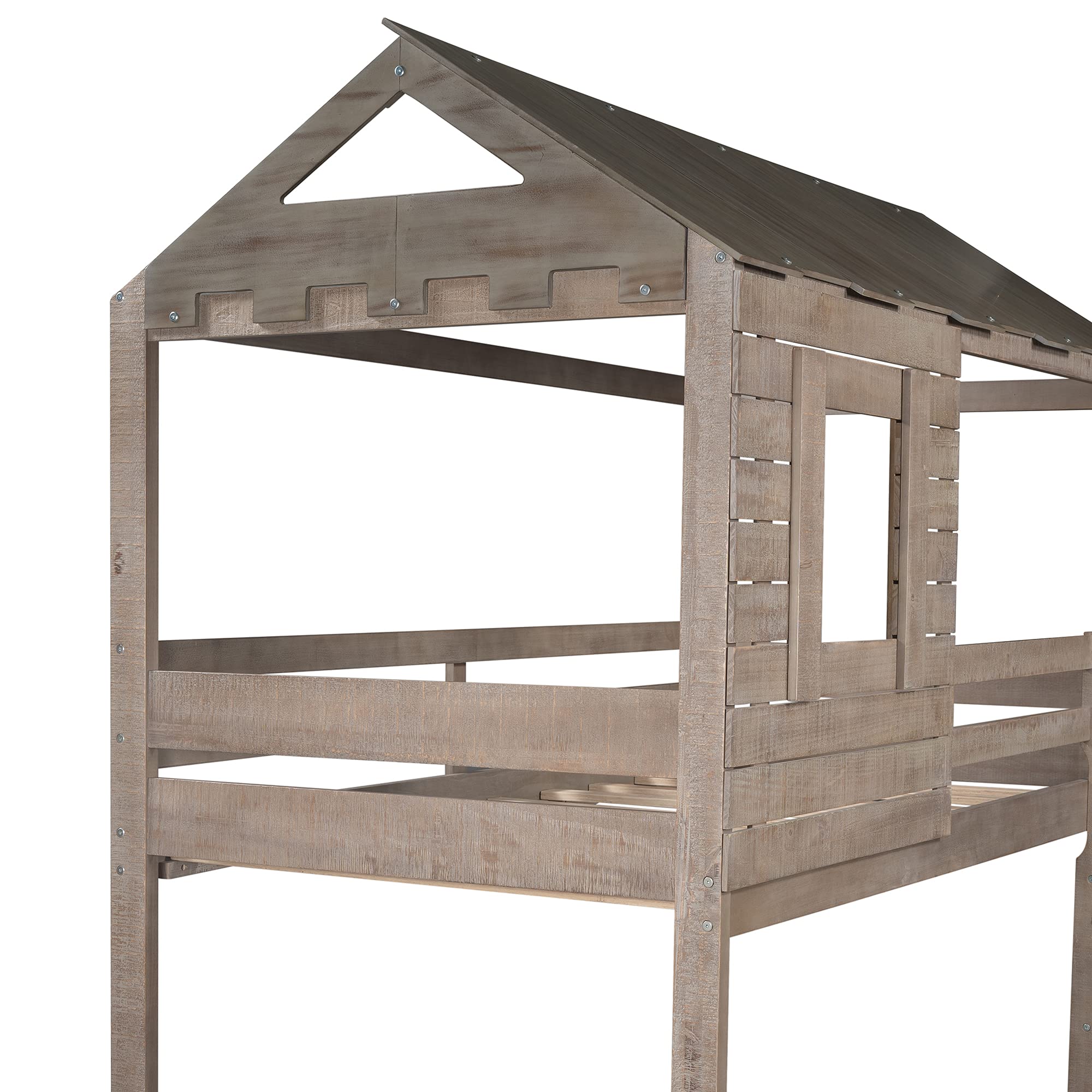 Kids Twin Over Twin Wooden Bunk Bed with Roof, Window, Guardrail & Ladder - Solid Wood Slat Support, No Box Spring Needed (Antique Gray) - Perfect for Shared Kids' Rooms, Sleepovers & Space-Saving Bedroom Solutions