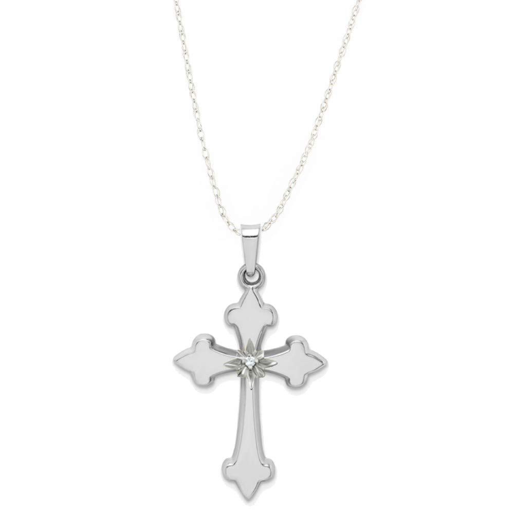 14K Yellow Gold Fleur De Lis Diamond Cross Pendant Necklace for Women & Men - Religious Jewelry Gift with 0.01ctw Diamonds - Perfect for Baptism, First Communion & Spiritual Occasions