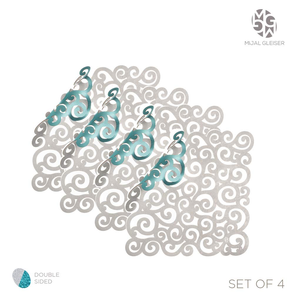Mijal Gleiser Double Sided Laser Cut Heat Resistant Non-Slip Placemats Set of 4 - Stain Proof Table Mats for Dining, Kitchen & Office (Sea Snail Collection Silver-Turquoise) | Elegant Table Setting & Home Decor