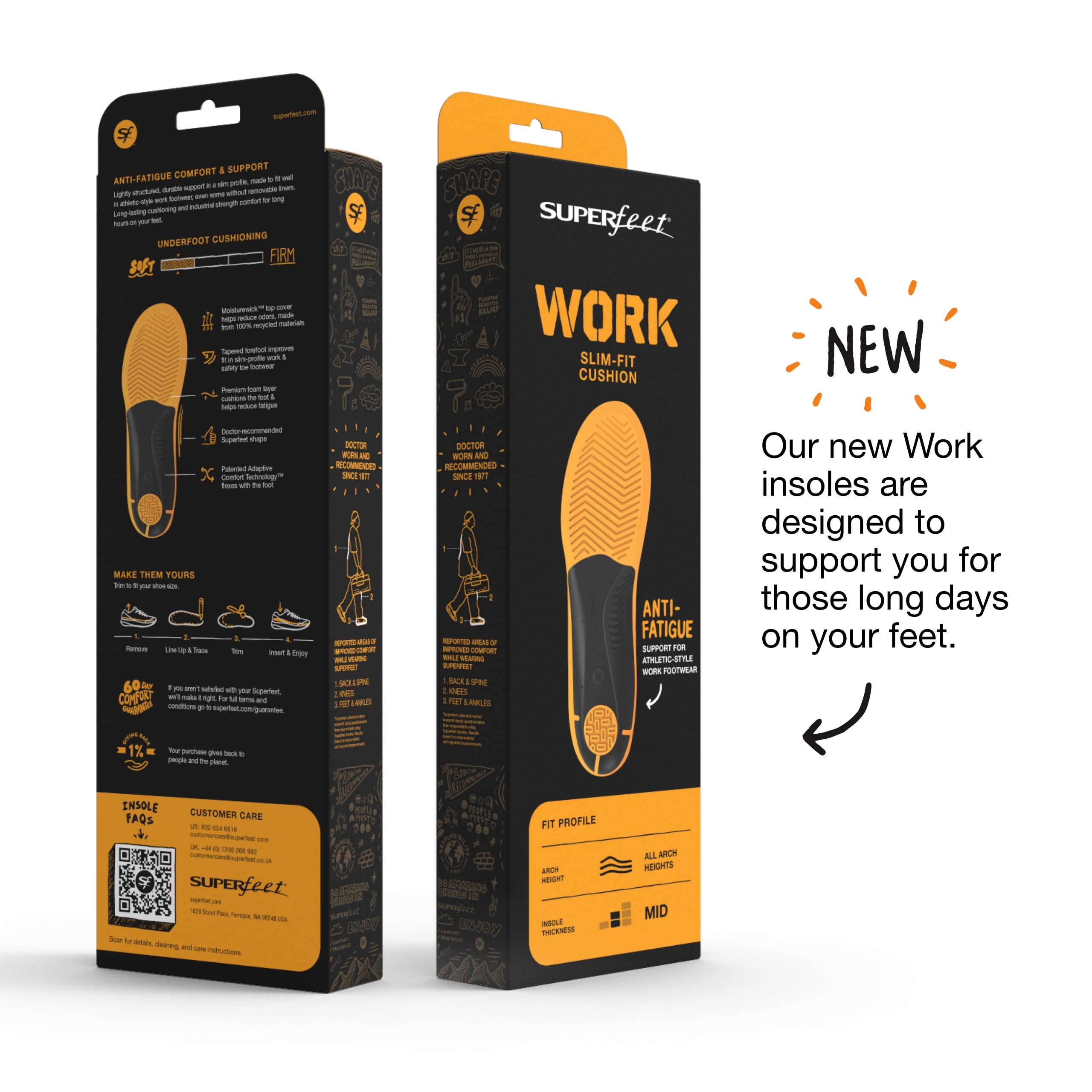 Superfeet Work Slim-Fit Cushion Insoles for Men (9.5-11) & Women (10.5-12) - Arch Support & Pain Relief for Standing All Day - Perfect for Work Boots, Safety Shoes & Long Shifts