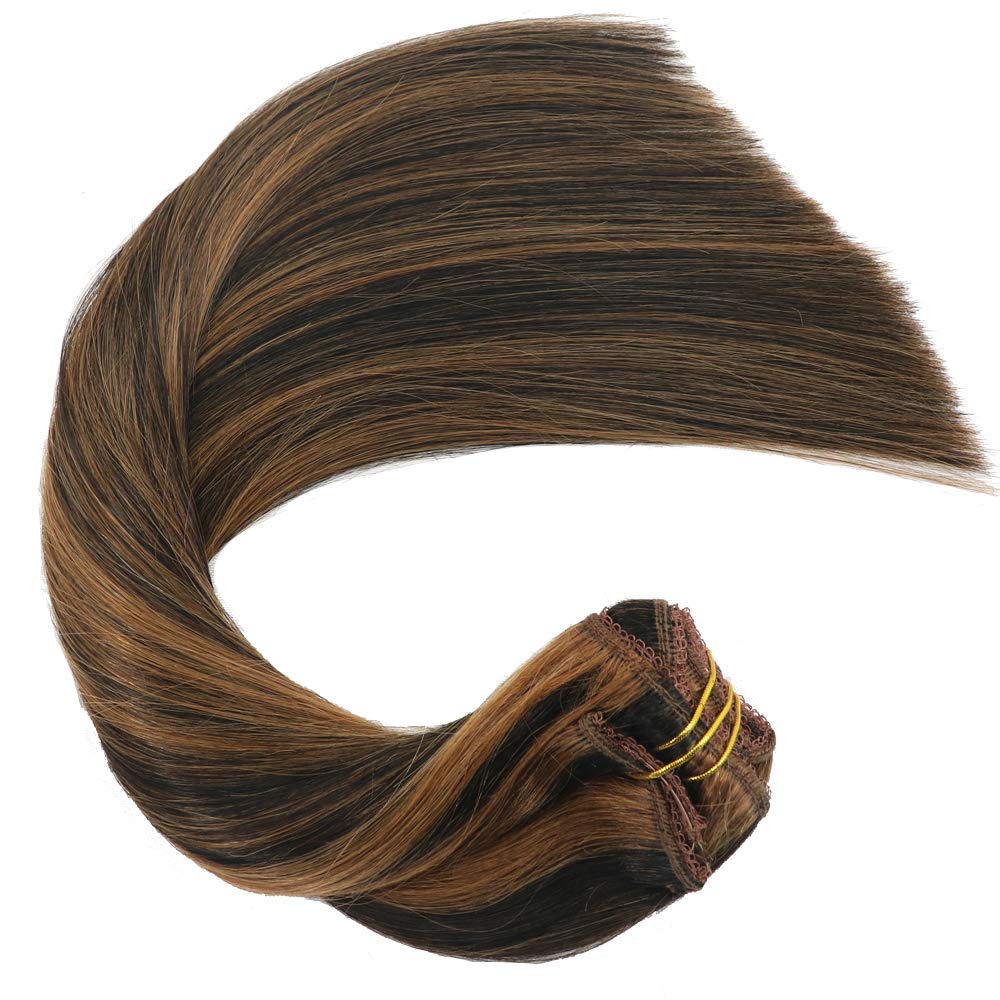 16inch Real Human Hair Clip In Extensions - 16.5inch Length, 100g Double Wefted with Thick Ends & Silky Soft Texture in Piano/Off Black/Chestnut Blonde Highlights | Perfect for Daily Styling, Parties & Special Occasions