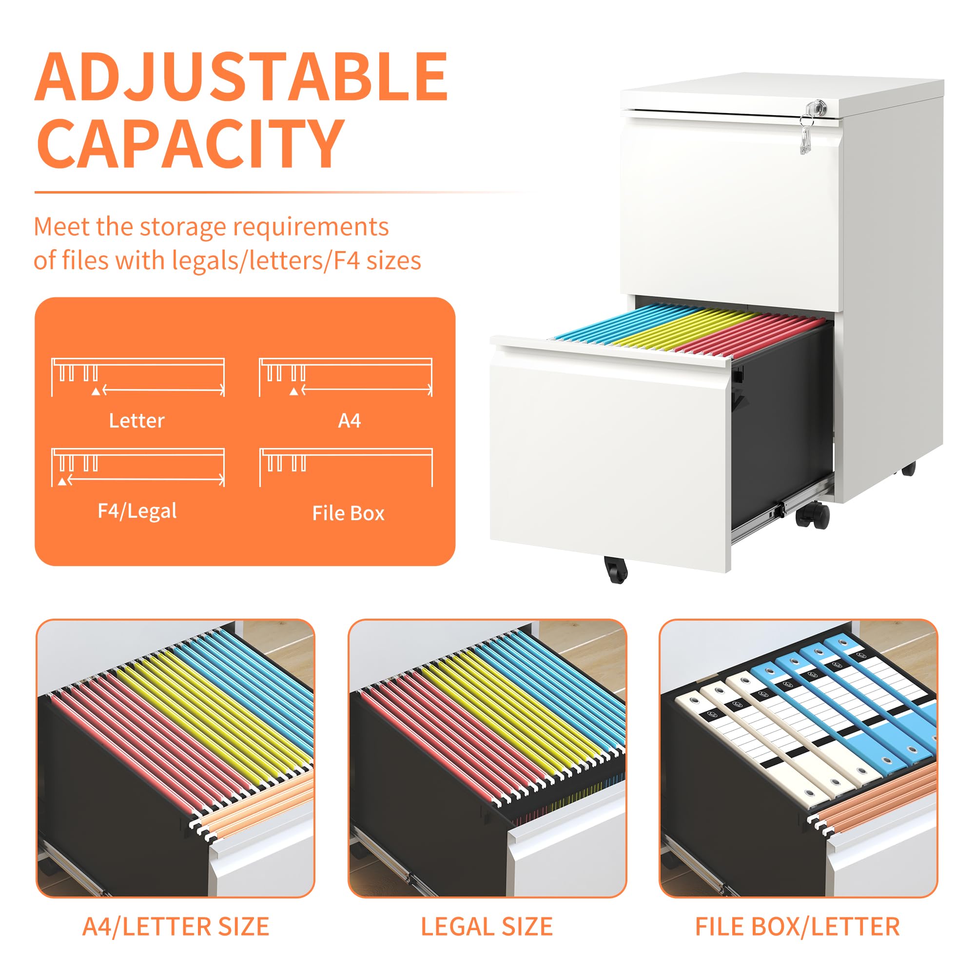 2-Drawer Mobile File Cabinet with Lock - Rolling Metal Office Storage Organizer for Home & Office - Fits Legal/Letter/A4 Documents - Fully Assembled - White - Perfect for Under Desk Storage & Document Organization