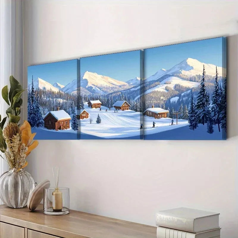 3-Piece Snow Covered Village Mountains Scenery Wall Art Set - Framed Canvas Prints 40x60cm - High Quality Australian Made - Ready to Hang - Perfect for Living Room, Bedroom & Office Decor