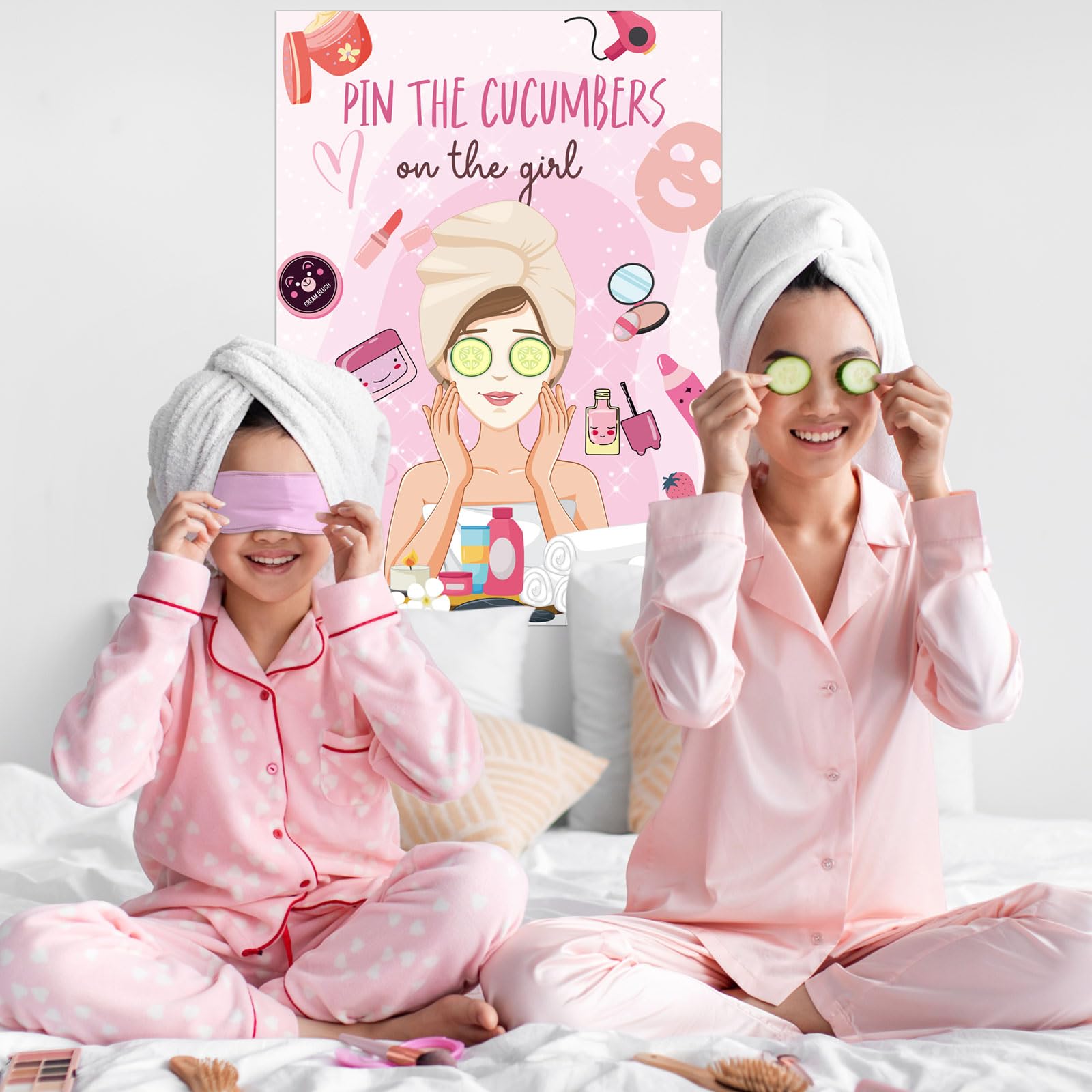 SPA Party Games Kit - Pin The Cucumbers on The Girl Game with Stickers, Poster & Blindfold - 20x27 Inch Spa Party Decorations for Kids, Girls & Women - Perfect for Makeup Parties, Birthday Parties & Girls Night Out Fun