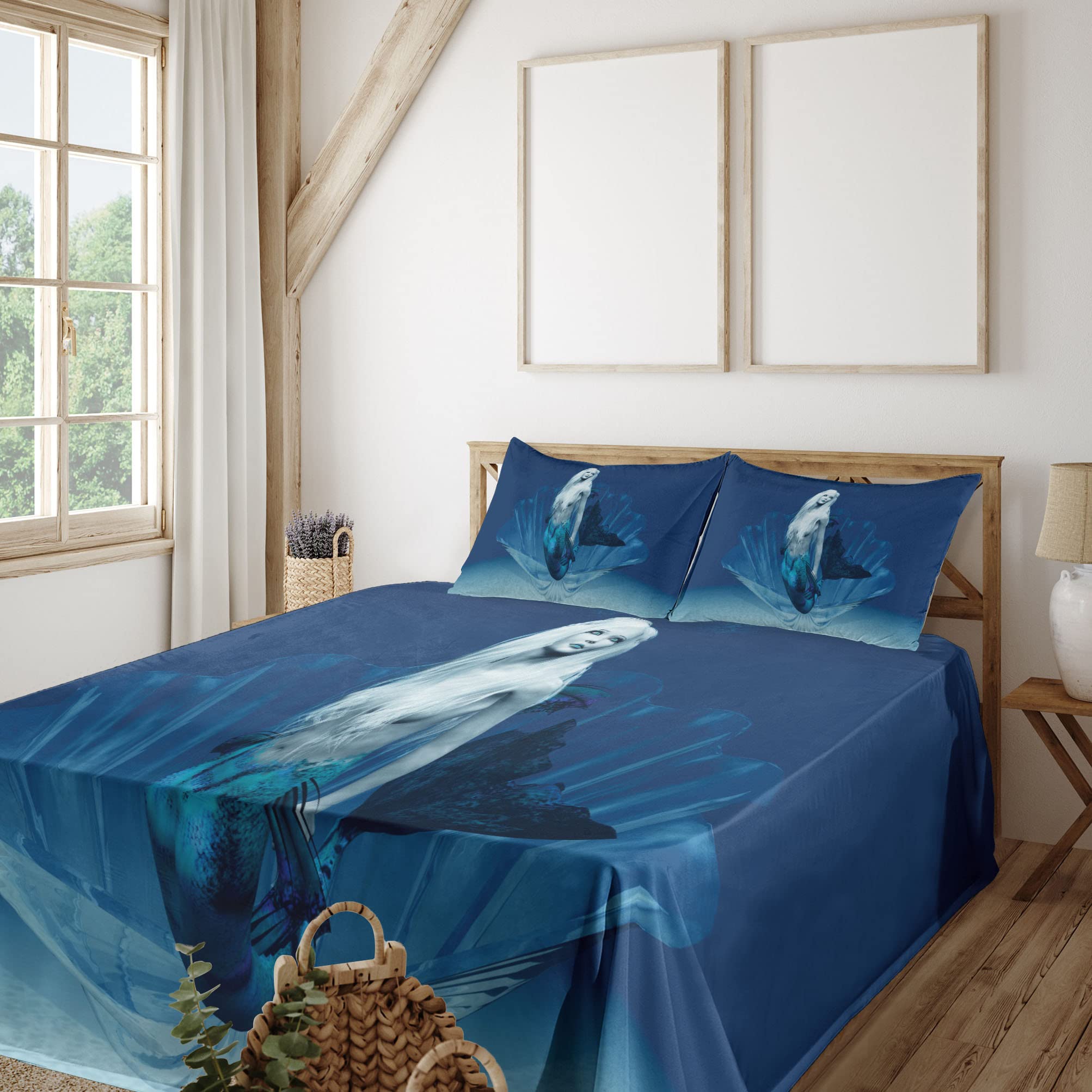 **Ambesonne Mermaid Queen Bedding Set - 4 Piece Queen Size, Ocean Deep Waters Aquatic Fantasy Design, Blue & White Fitted & Flat Sheets with Pillowcases - Perfect for Themed Bedrooms, Kids' Rooms, or Fantasy Decor**