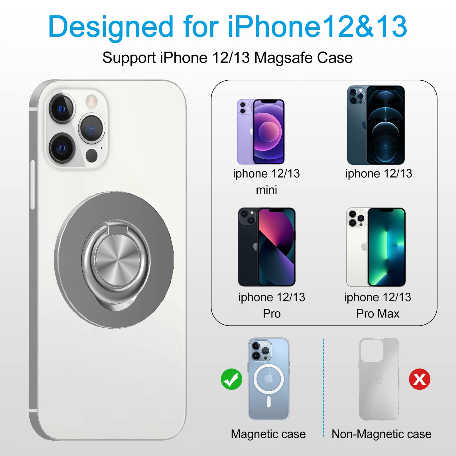 Magnetic Phone Ring Holder for iPhone 12/13/14/15 Pro/Max/Mini - Magsafe Compatible, Removable Finger Loop Grip with Wireless Charging Support (Silver) | Perfect for One-Hand Use, Gym Workouts & Daily Commuting