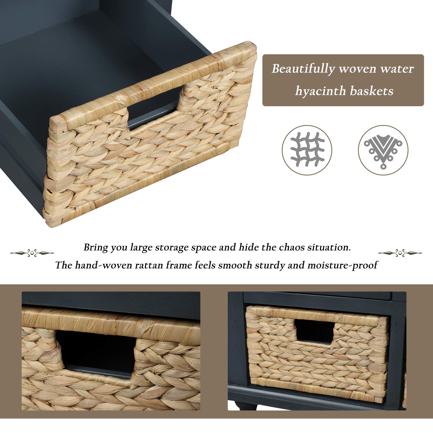 Rustic Entryway Storage Bench with Drawers & Baskets - for Shoes & Living Room Storage