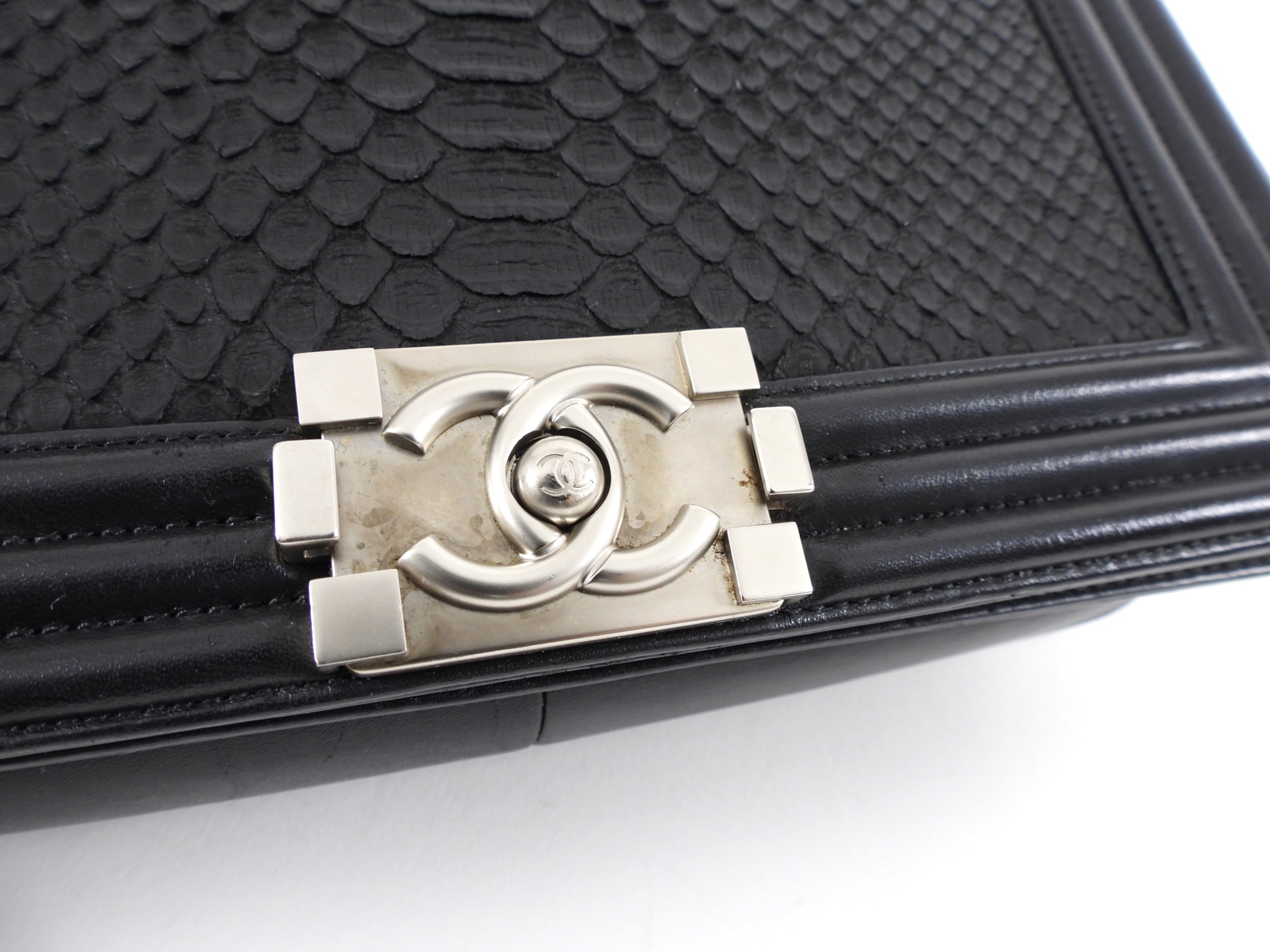 Chanel Medium Boy Bag in Black Leather & Exotic Python - Luxury Designer Handbag for Women, Perfect for Evening Events & Special Occasions
