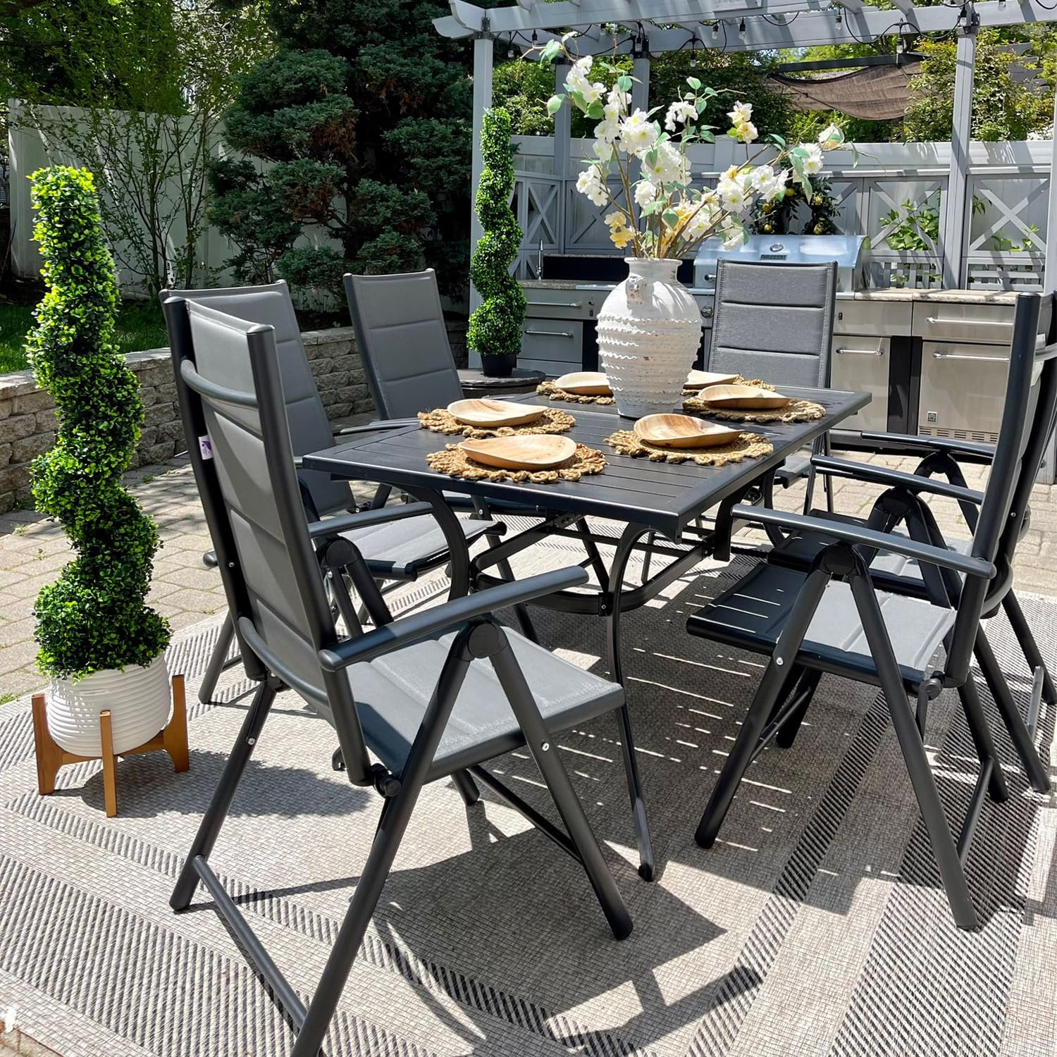 PURPLE LEAF 6-Piece Outdoor Dining Set with Adjustable All-Aluminum Black Slat Table & Padded Folding Chairs - Modern Patio Furniture for Backyard, Garden, Poolside or Terrace (Grey)