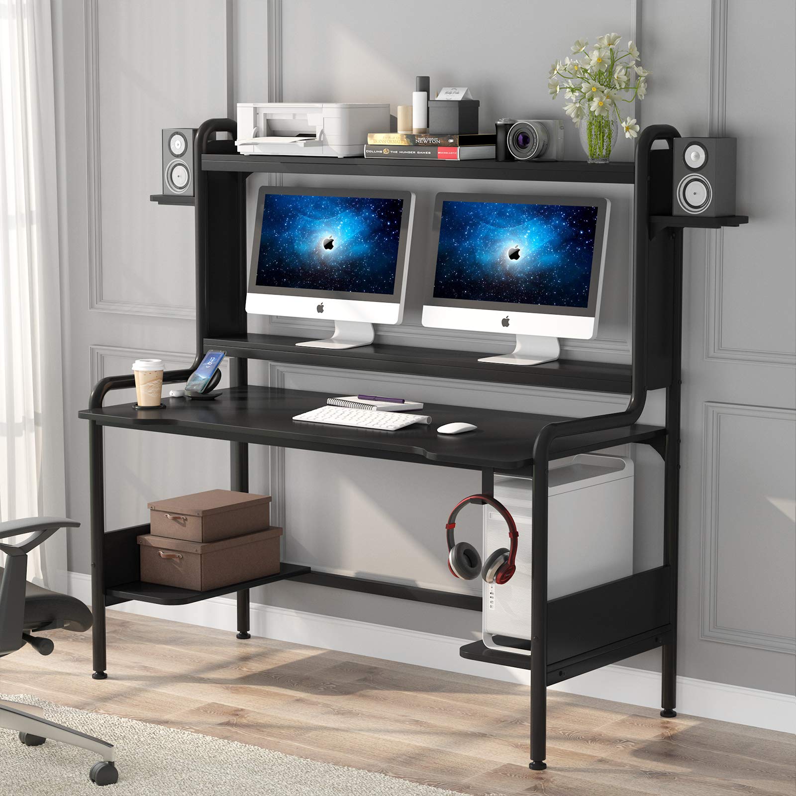 TIYASE 55 Inch Black Gaming Desk with Monitor Stand - Large PC Gamer Workstation with Hutch, Storage Shelves, Cup Holder & Headphone Hook - Perfect for Esports, Streaming & Home Office Setup