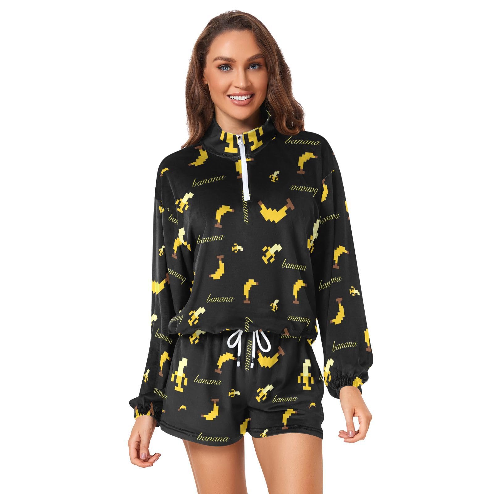 Women's Casual Sweatshirt and Lounge Shorts Set - Digital Banana Print - Perfect for Relaxing at Home, Yoga, and Weekend Outings