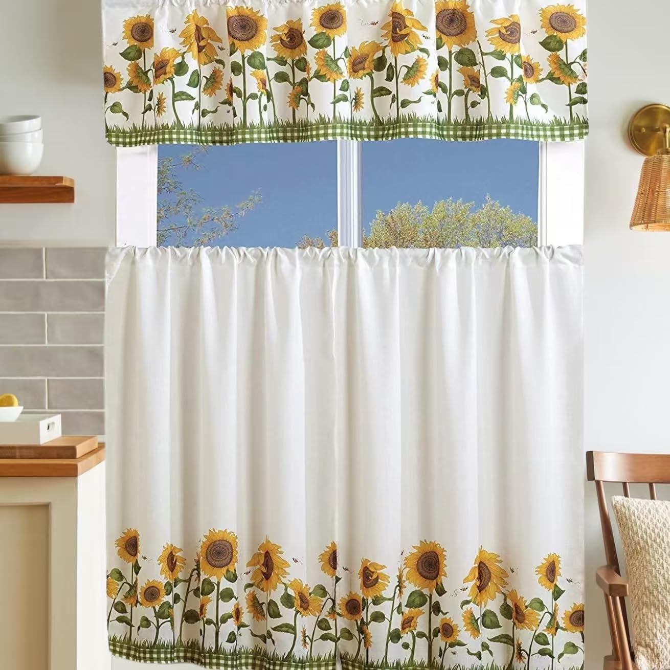 MarCielo 3-Piece Floral Print Kitchen Curtain Set with Swag & Tier - White Sunflower Design for Windows, Cafe & Home Decor | Perfect for Kitchens, Dining Rooms & Coffee Shops