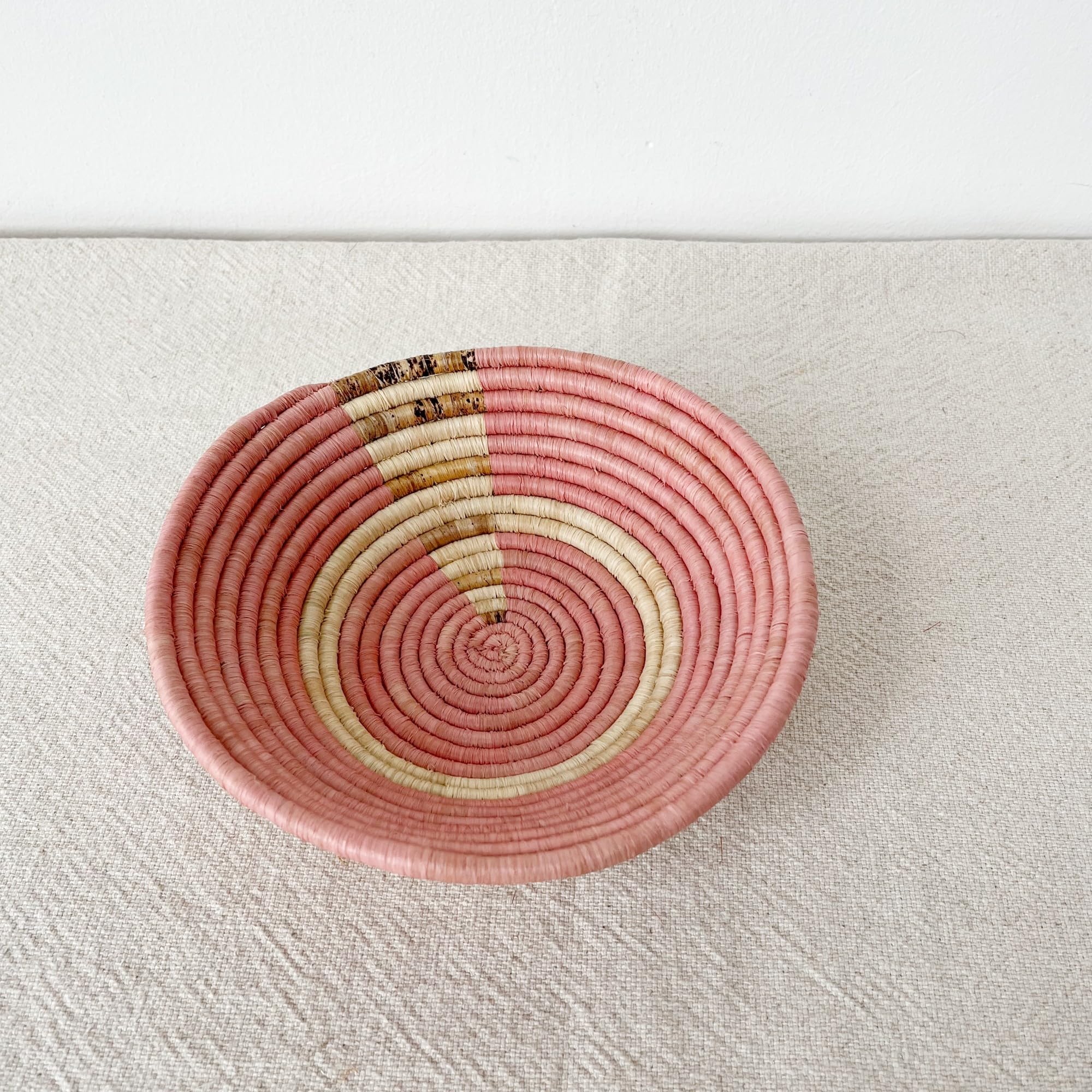 Handwoven African Basket - Arabuko Rwanda Woven Bowl, Raffia Banana Leaf & Sweetgrass Basket - Pink, Brown, Natural - Perfect for Home Decor, Storage & Gift Giving