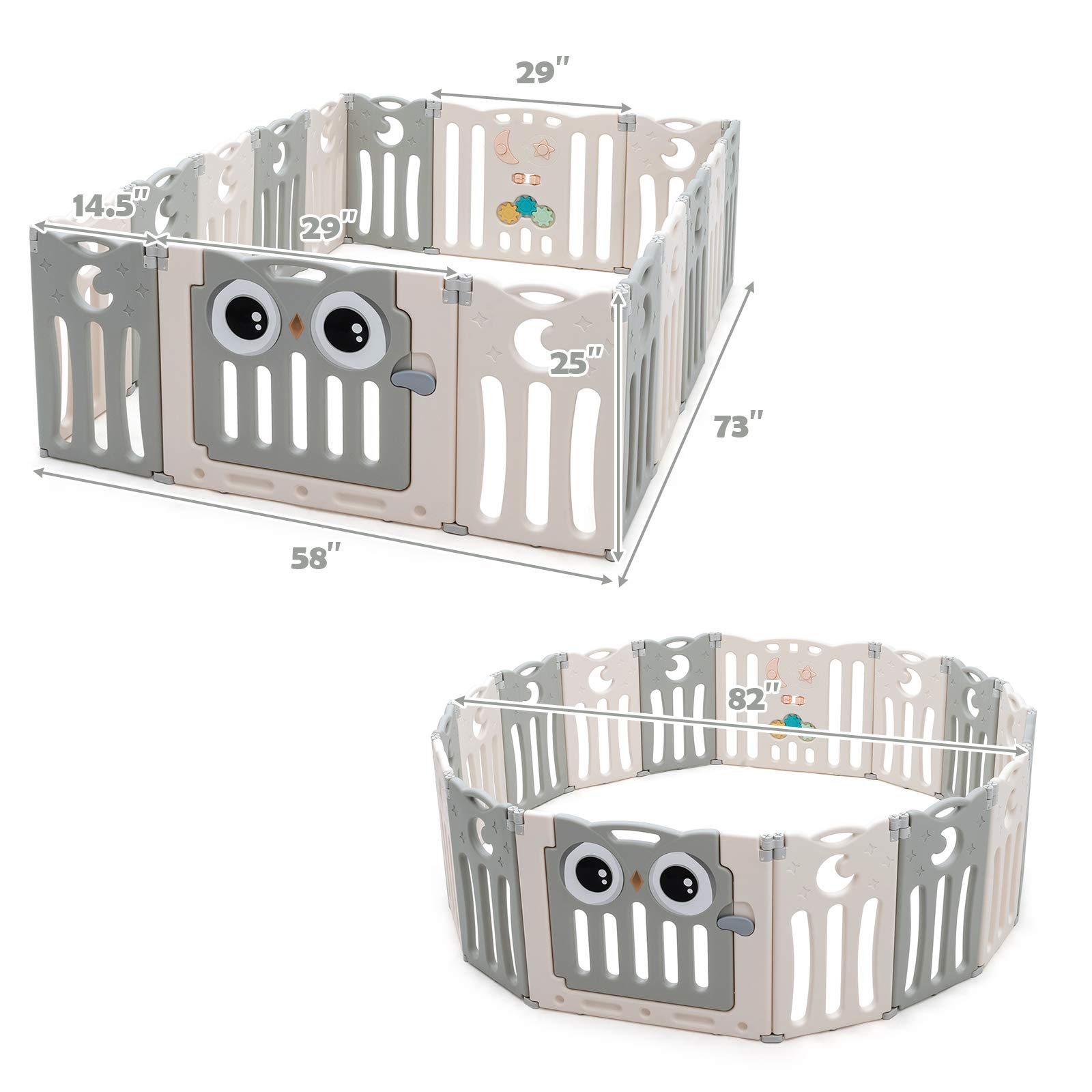 HONEY JOY 16-Panel Baby Playpen with Anti-Slip Base & Lockable Door - Owl Design Play Yard for Toddlers, Indoor Portable Safety Fence for Boys & Girls (Beige) - Perfect for Playrooms, Living Rooms & Daycare Centers