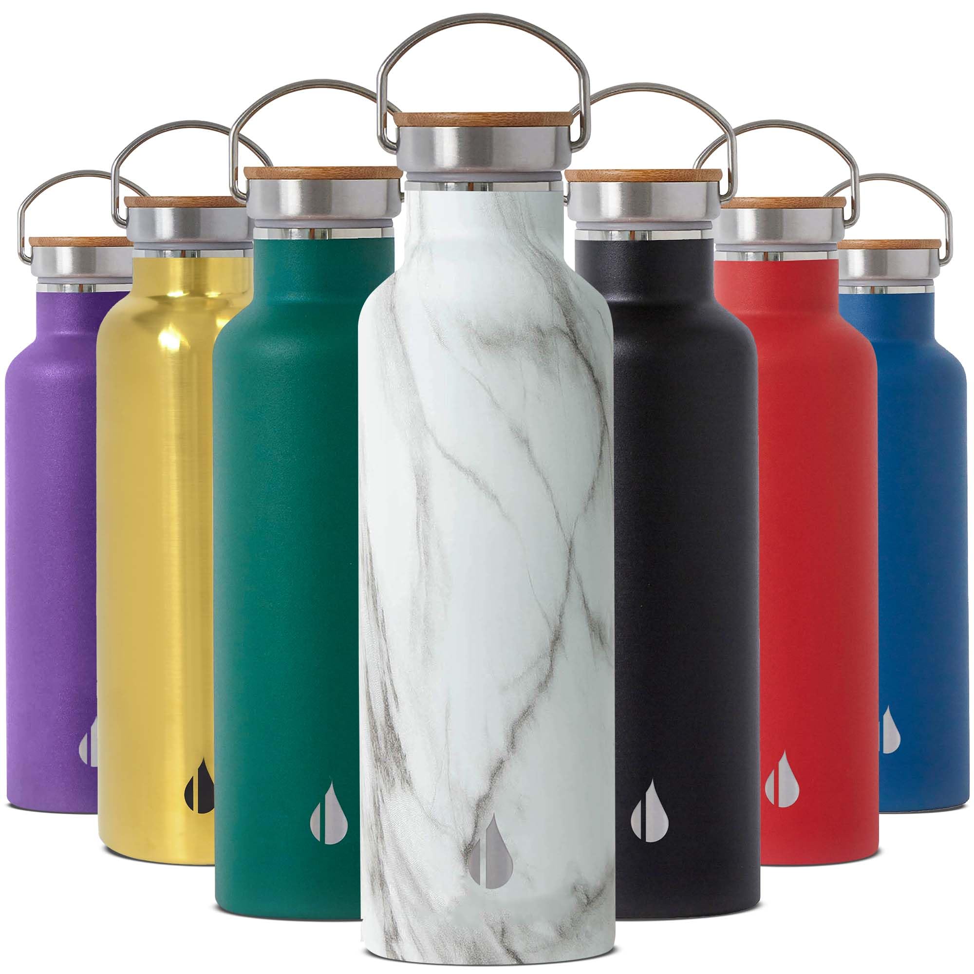 Elemental Classic 25oz Stainless Steel Water Bottle - Double Wall Insulated Thermos with Bamboo Lid - Leak Proof for Gym, Hiking & Travel - White Marble Design - Perfect for Workouts, Outdoor Adventures & Daily Hydration