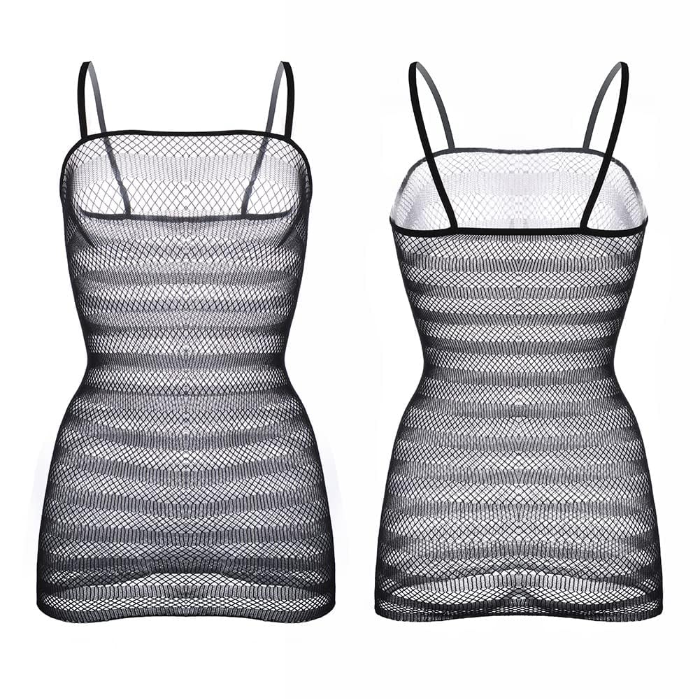 Sexy Black Fishnet Mini Dress for Women - Sheer Mesh Lingerie, Transparent Striped Babydoll Nightgown, Sleeveless Stretch Underwear Skirt Bodysuit - Perfect for Night Out, Boudoir Photoshoot & Romantic Occasions