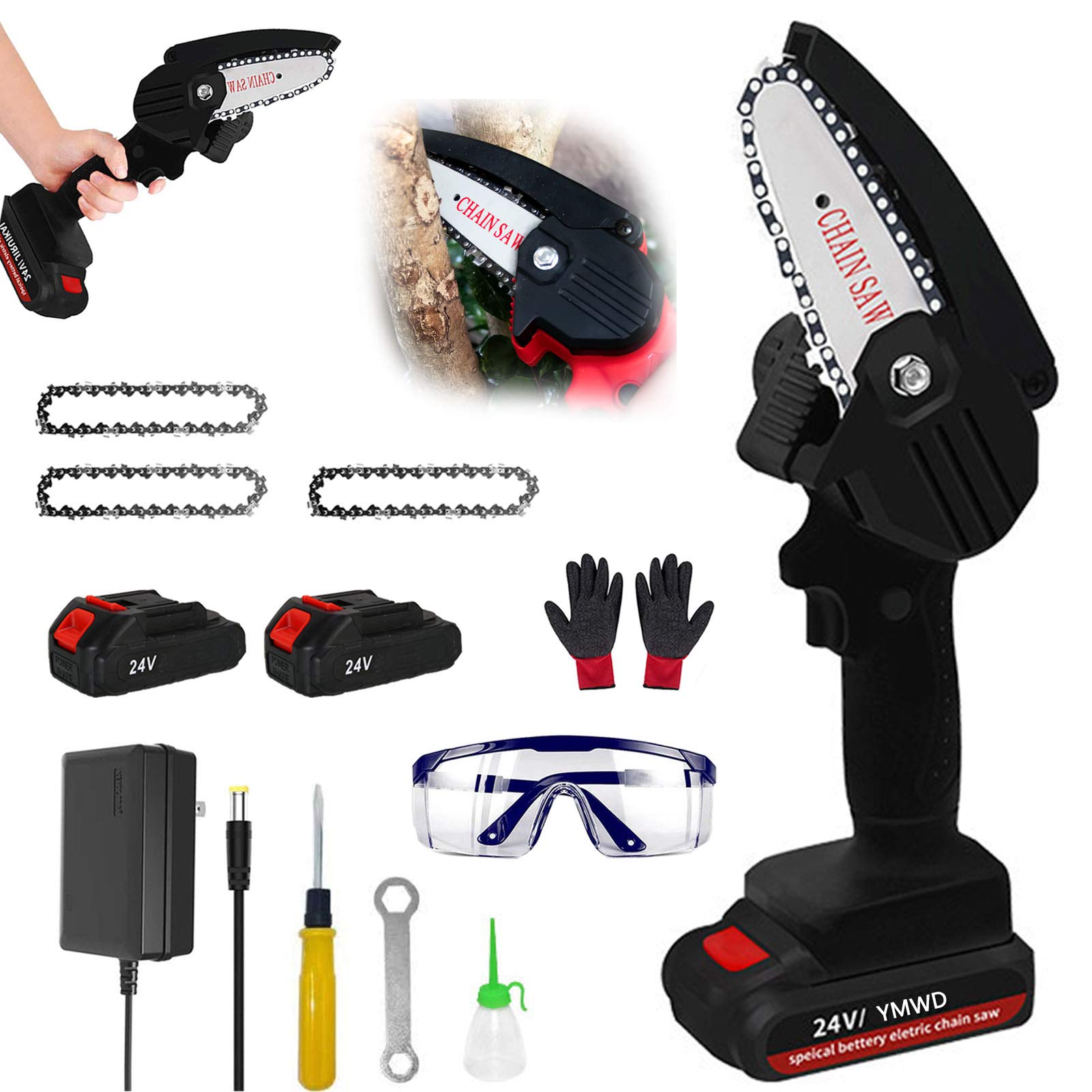 YMWD 4-Inch Mini Chainsaw - Cordless Electric Handheld Chainsaw with 3 Chains & Splash Board, 0.7kg Lightweight for Tree Branch Cutting, Wood Pruning & Yard Maintenance - Perfect for Gardening, Landscaping & DIY Projects (Black)