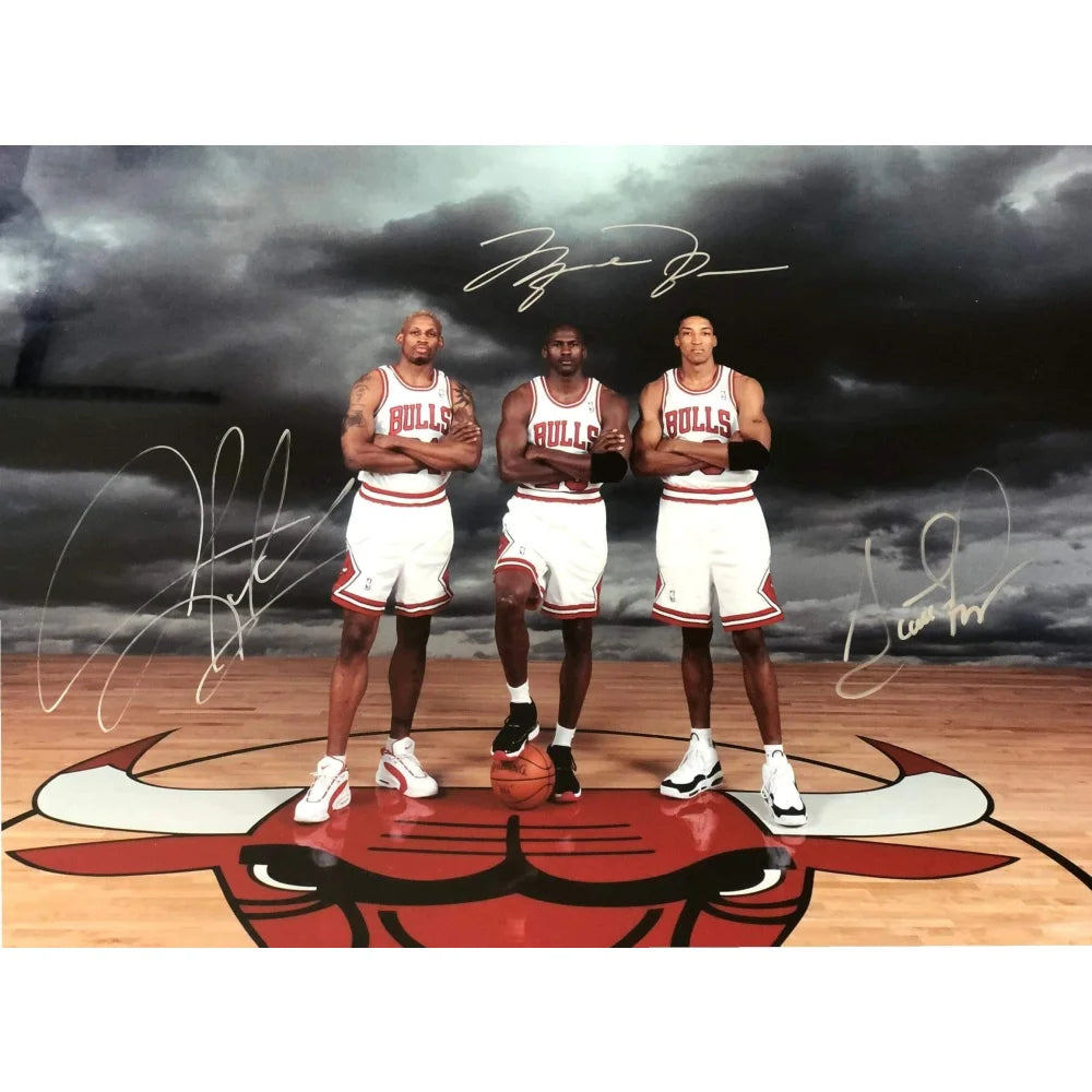 Michael Jordan, Scottie Pippen & Dennis Rodman Autographed Chicago Bulls Framed Photo with UDA COA #D/720 - Perfect for Sports Memorabilia Collectors, Man Cave Decor, and NBA Fan Gifts