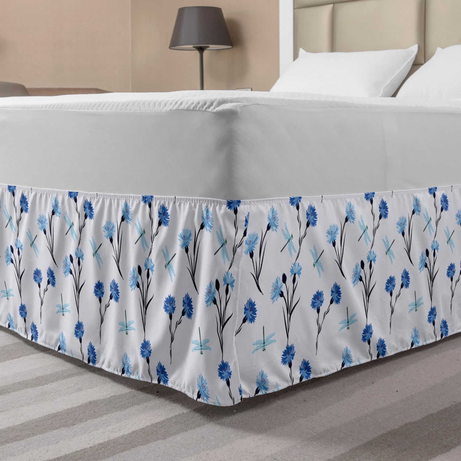 Ambesonne Floral Bed Skirt - Cornflowers & Dragonflies on Pastel Blue Background, Elastic Wrap Around Dust Ruffle for King Size Beds, Purple Sea Blue | Perfect for Bedroom Decor, Guest Room Styling & Hotel Luxury Bedding