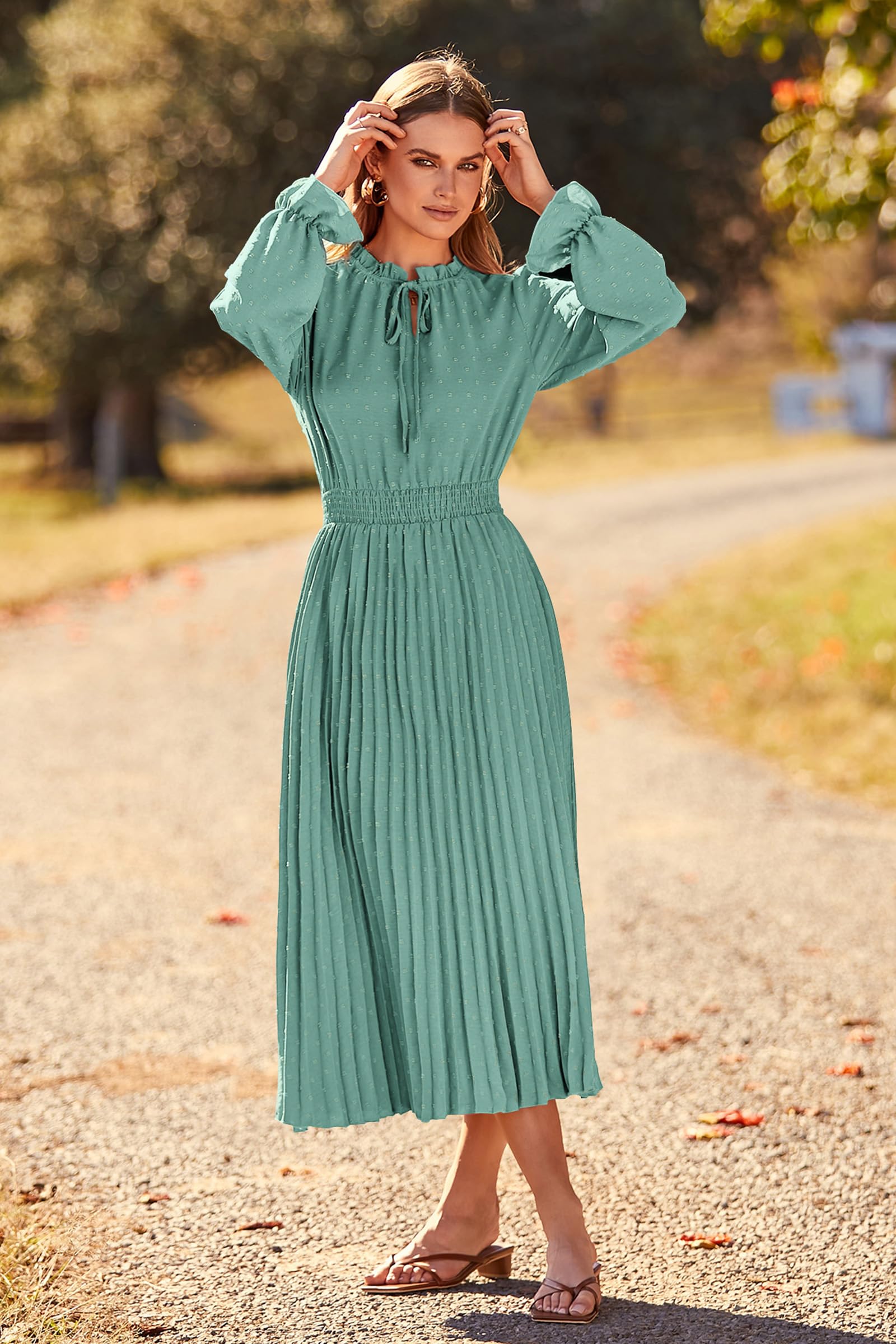 PRETTYGARDEN Women's 2025 Spring Fall Midi Dress - Long Sleeve V-Neck Swiss Dot Pleated A-Line Flowy Casual Dress for Work, Party & Date Night | Elegant Office Wear & Special Occasion Outfit