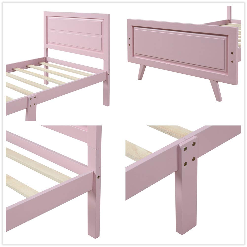 **Solid Wood Twin Bed Frame with Headboard - No Box Spring Needed, Wood Slat Support, Pink - Perfect for Kids' Rooms, Guest Beds & Small Spaces**