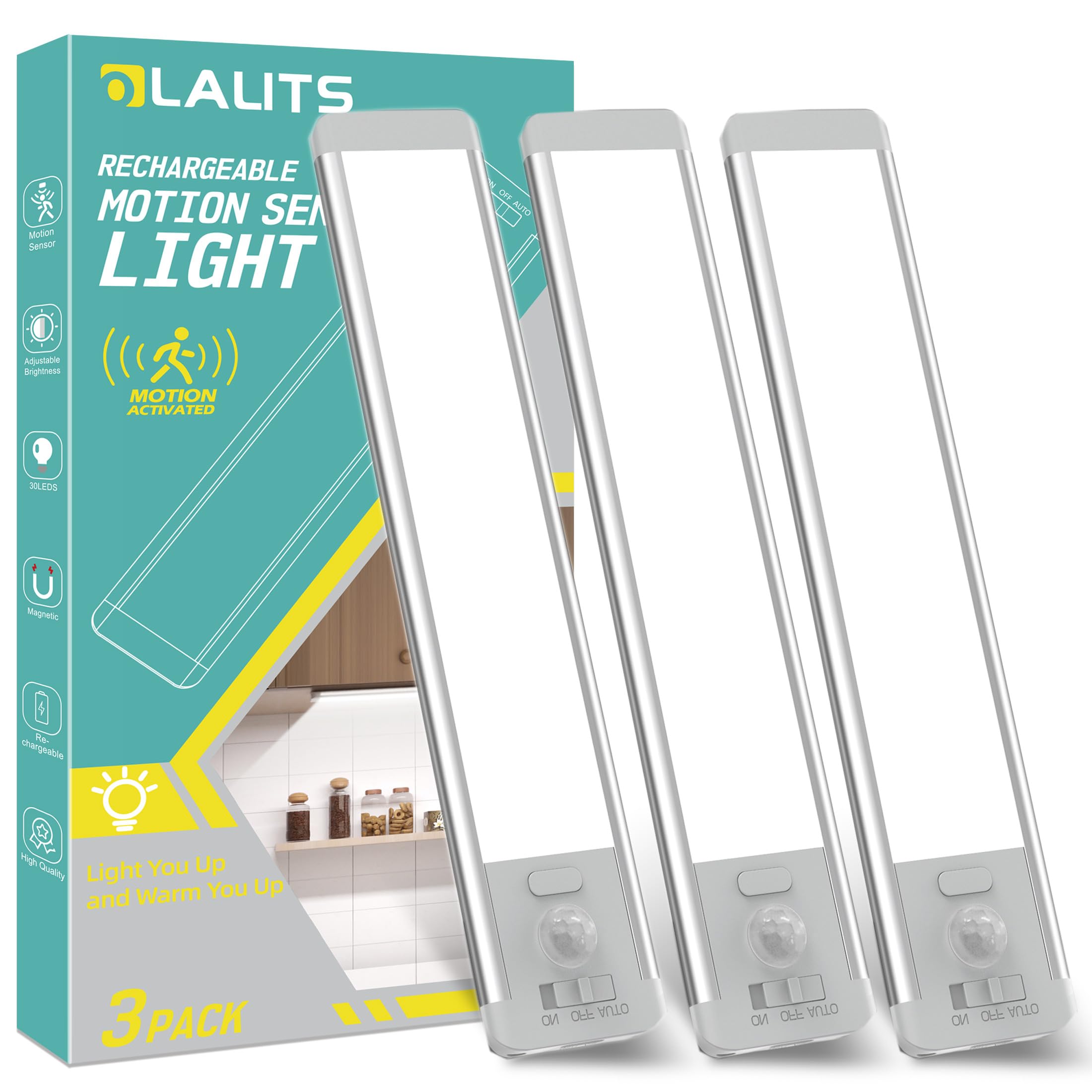 Under Cabinet Lights 30-LED Rechargeable Motion Sensor Lighting - 1000mAh Battery, 3 Pack (7.87 Inch) for Kitchen, Wardrobe, Closet & Laundry - Perfect for Nighttime Safety and Task Illumination