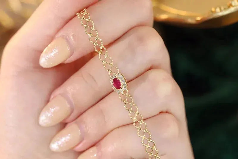 18K Yellow Gold Vintage Weave Bracelet with Natural Ruby & Diamond - Elegant Women's Jewelry for Birthday, Anniversary & Special Occasions