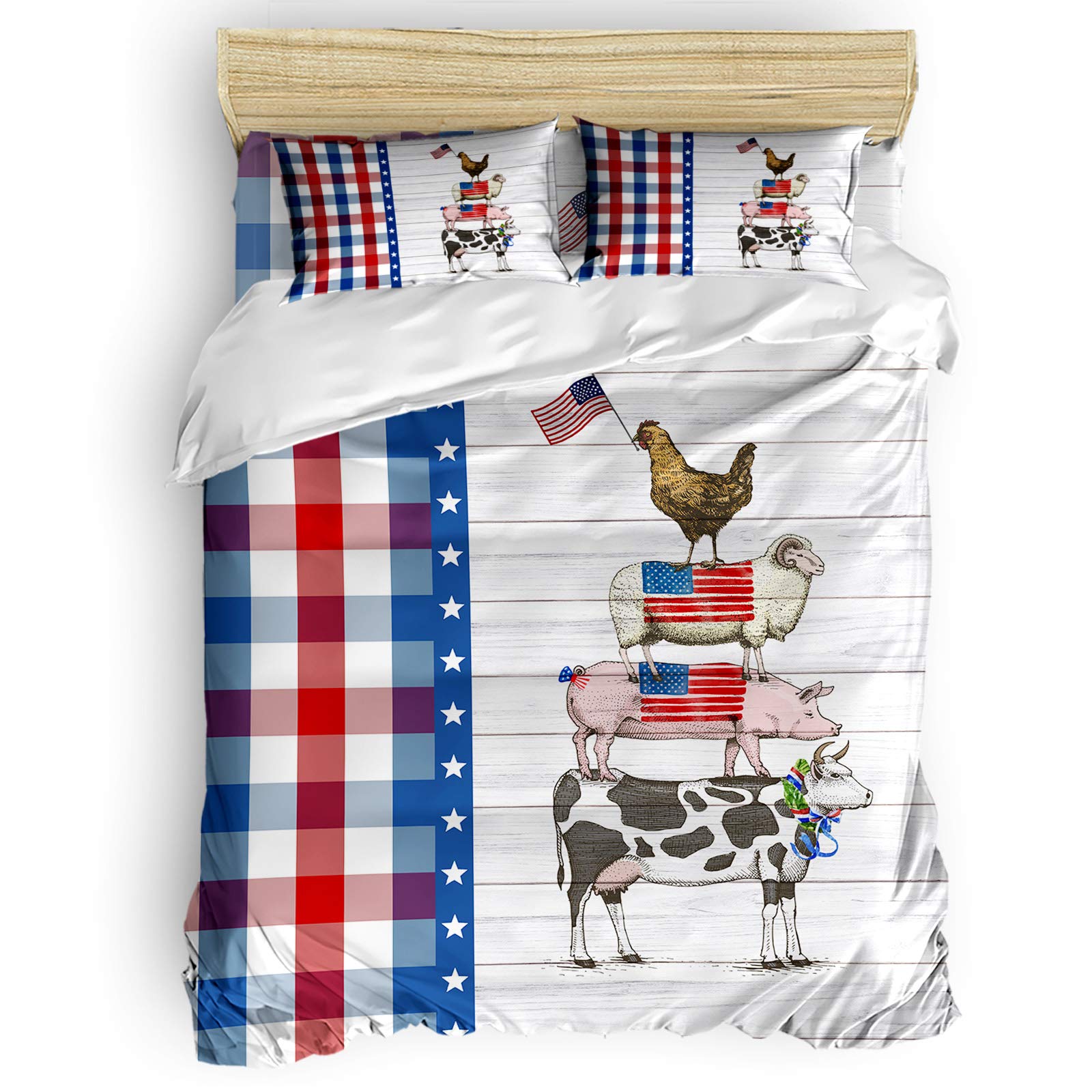 Farm Animals Duvet Cover Set King Size - 4 Piece Bedding with Quilt Cover, 2 Pillowcases & Fitted Sheet - Chickens, Sheep, Pigs & Cow Print in American Flag Red Blue Plaid - Perfect for Kids' Rooms, Farmhouse Decor & Country Themed Bedrooms