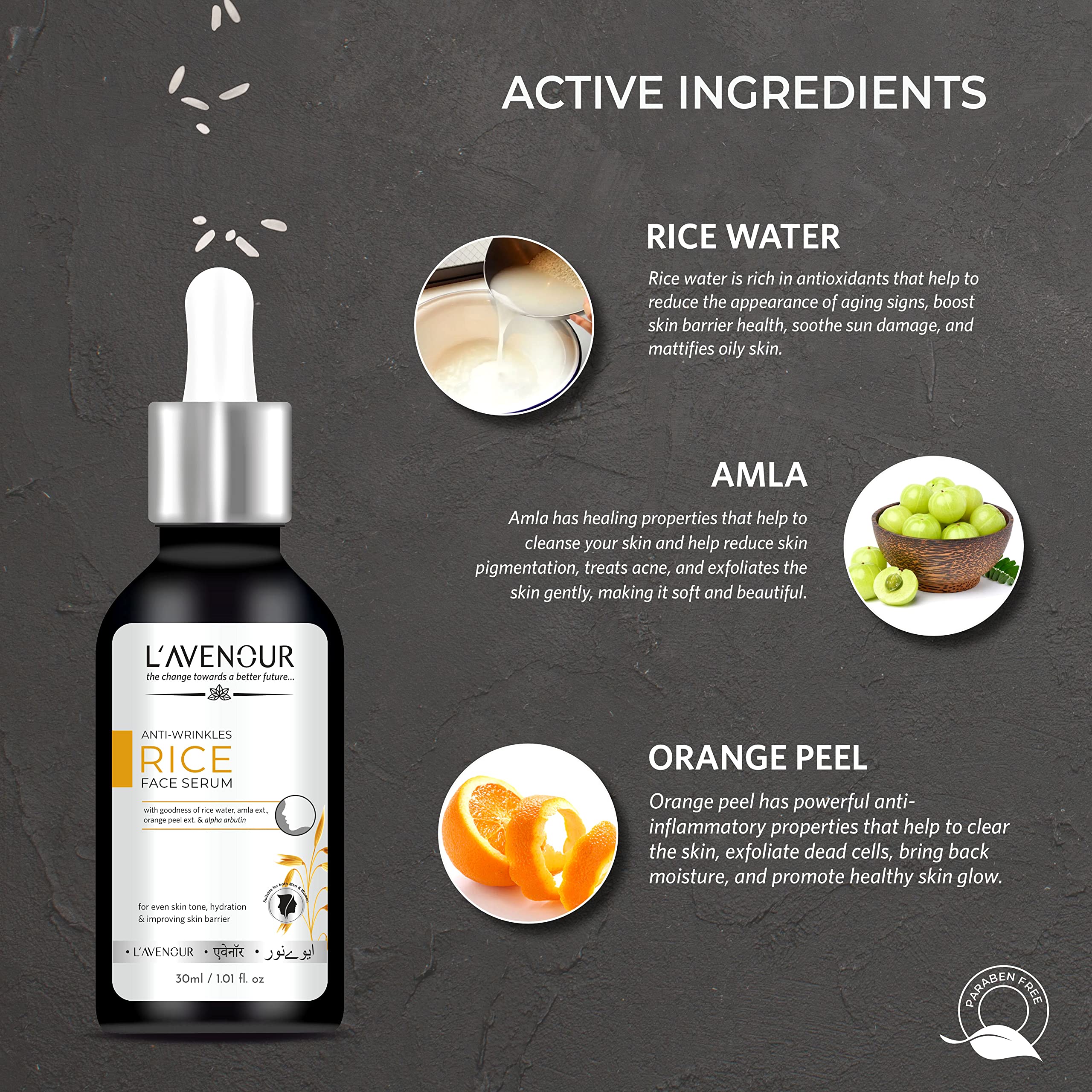L'avenour Anti-Wrinkle Rice Face Serum for Even Skin Tone & Hydration | Improves Skin Barrier | 30ml | Perfect for Night Routine & Dry Skin Care