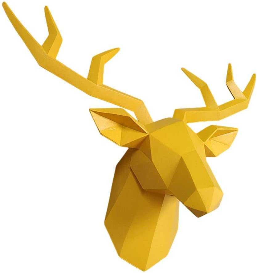 3D Deer Head Wall Mount Sculpture - Realistic Elk Antler Decor for Living Room, Office, Gallery - Yellow - Perfect for Rustic, Farmhouse & Hunting Lodge Decor