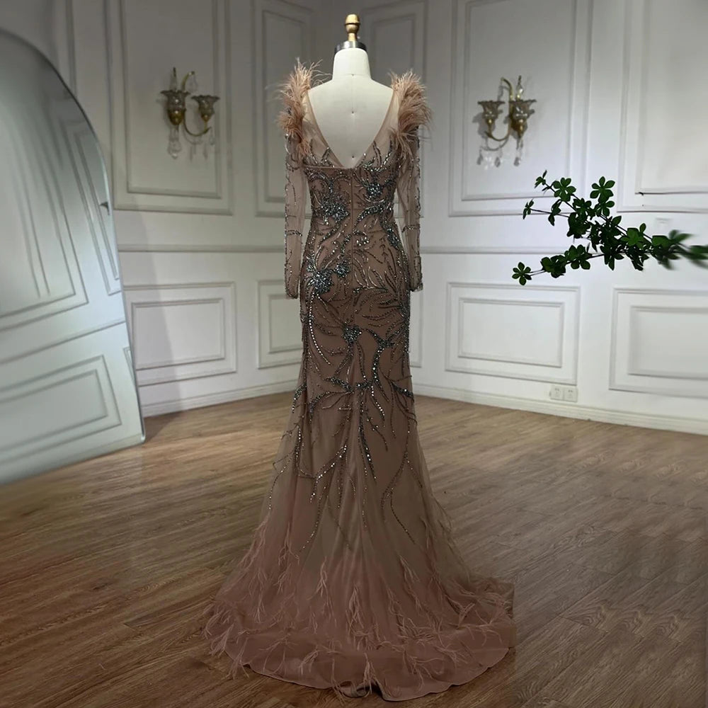 Luxury Dubai Nude One Shoulder Beaded Feather Mermaid Evening Dress for Women - Wedding, Party, Prom & Special Occasion Gowns - Elegant Formal Gown LA72508