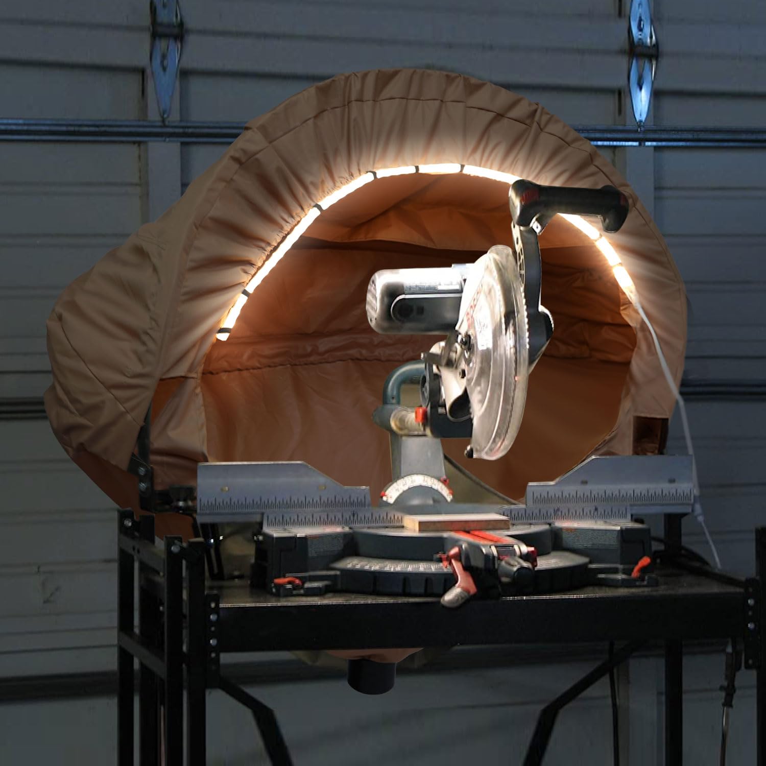 **Miter Saw Dust Collection Hood with LED Light - Universal Dust Solution for Miter Saw Tables - Dust Hood Attachment with Accessory Holes & Storage Bag - Perfect for Woodworking, DIY Projects & Home Renovations (Khaki)**