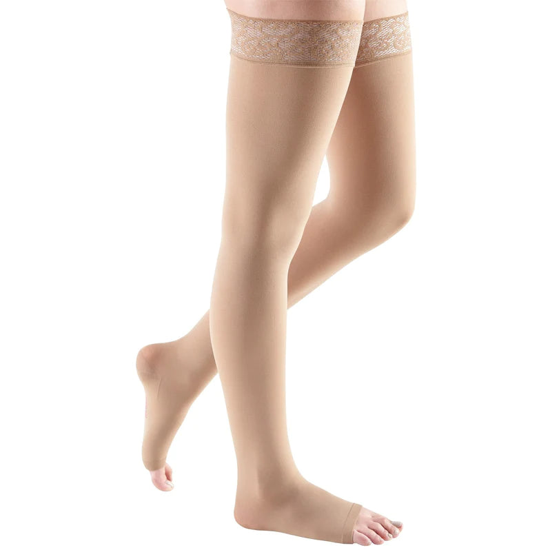 Medi Comfort 20-30mmHg Open Toe Thigh High Compression Stockings with Lace Silicone Top Band - Ideal for Circulation Support, Varicose Vein Relief & Post-Surgery Recovery