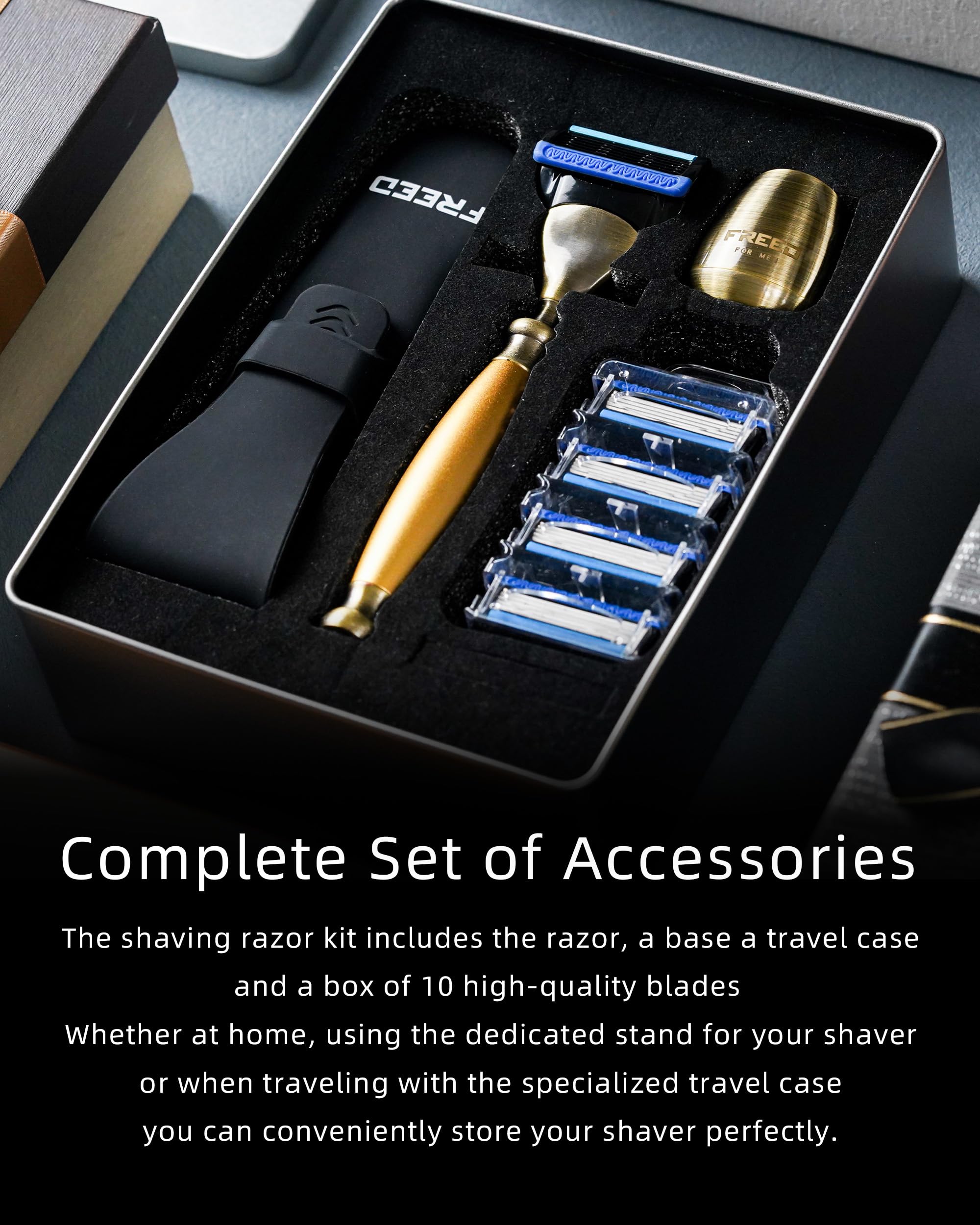 Premium 5-Blade Razor Travel Set - Bronze Series with 5 Blades, Travel Case & Razor Stand - Durable Aluminum Alloy Men's Grooming Gift (Gold) - Perfect for Business Trips, Vacations & Daily Shaving