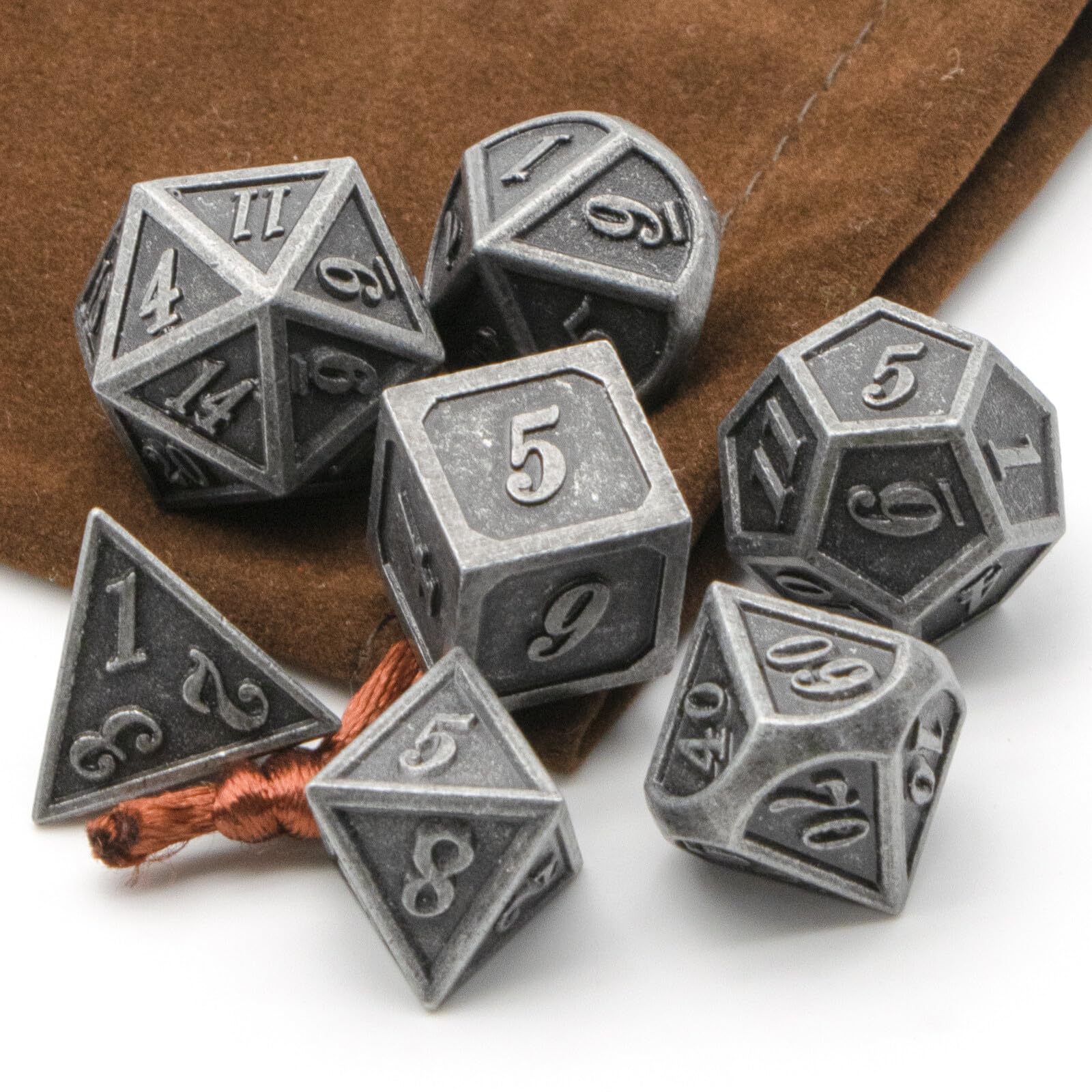 Premium Metal Dice Set for Dungeons & Dragons RPG - 7-Piece Polyhedral DND Dice (D20, D12, D10, D8, D6, D4) in Ancient Silver Finish - Perfect for Tabletop Gaming, MTG, Pathfinder & Shadowrun Adventures