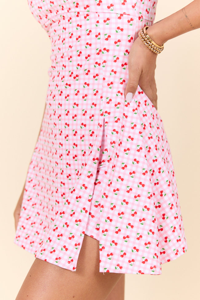 Pink Cherry Gingham A-Line Active Dress - Women's Workout & Yoga Dress with Pockets | Perfect for Gym, Running & Casual Wear | Midday Pick-Me-Up Style