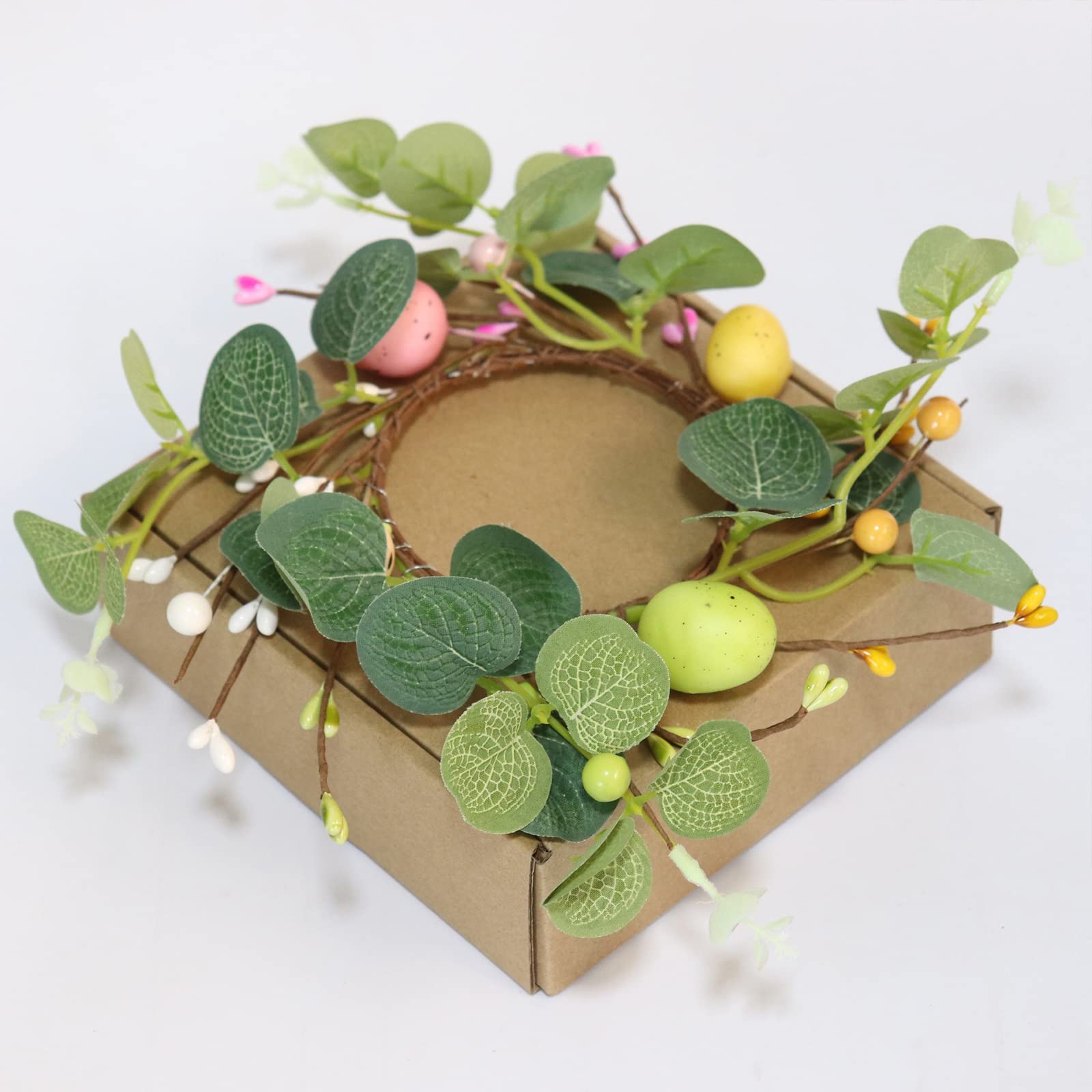 BEIJIALY 4-Pack Easter Candle Rings - Farmhouse Style Artificial Wreaths with Easter Eggs & Pip Berries for Table Decor - Green (Perfect for Easter Holiday Centerpieces, Spring Home Decor & Farmhouse Themed Parties)