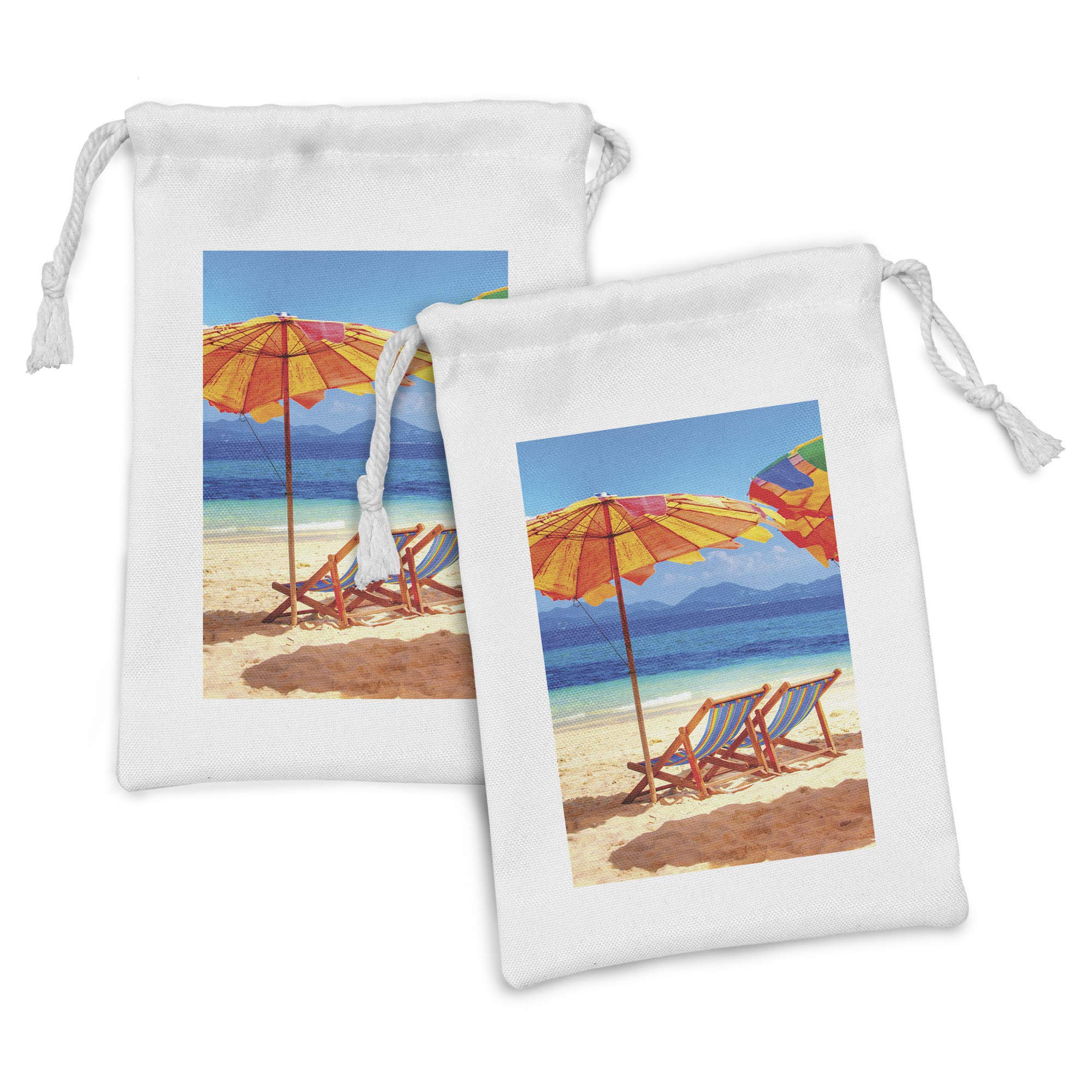 Ambesonne 2-Pack Fabric Drawstring Pouches - Tropical Beach Deck Chairs Design, 9