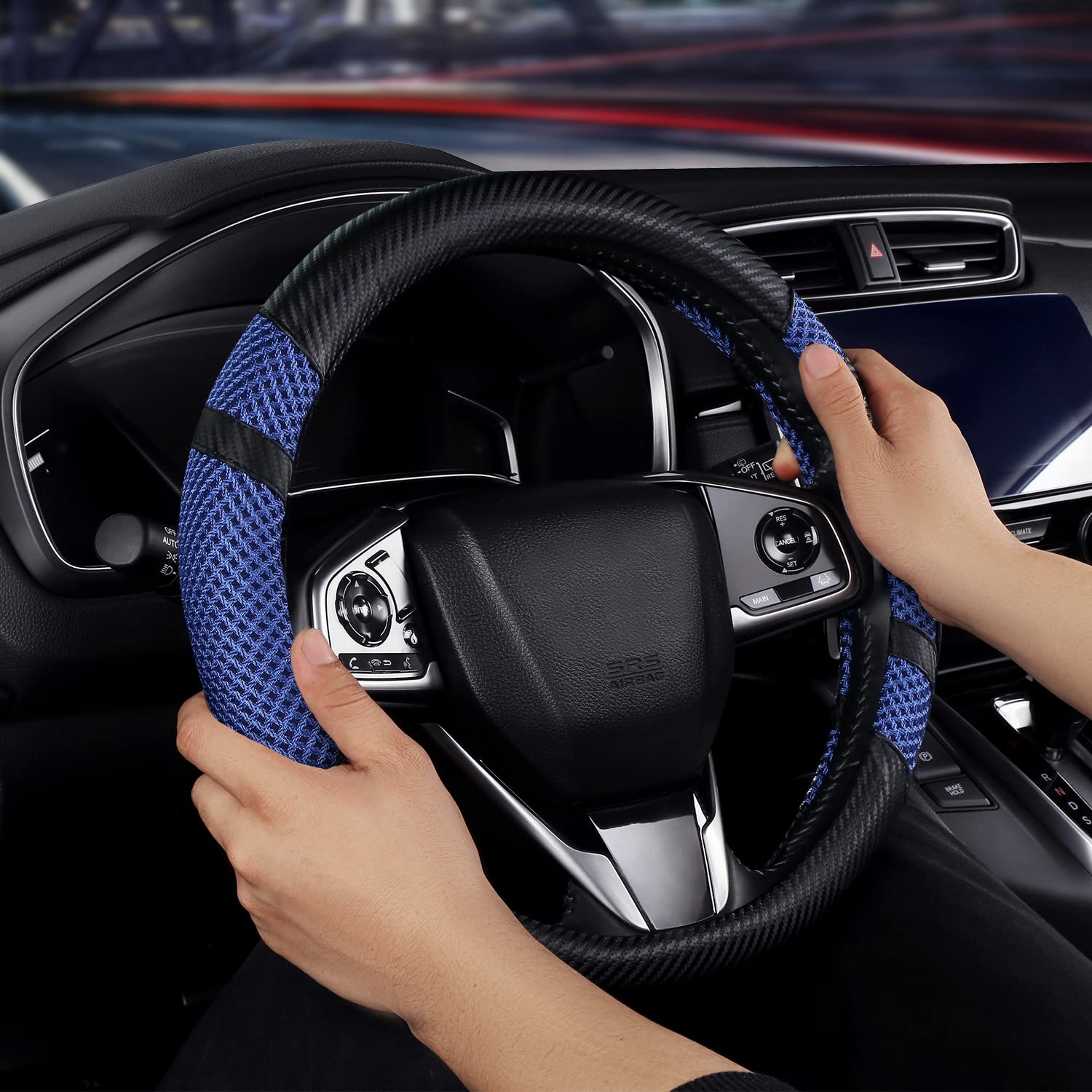 BOKIN Carbon Fiber Steering Wheel Cover - Universal Fit 14.5-15 Inch, Microfiber Leather Car Steering Wheel Protector with Breathable Ice Silk Technology | Keeps Cool in Summer & Warm in Winter | Carbon Fiber Blue Design | Perfect for Daily Commute, Road Trips & Enhanced Driving Comfort