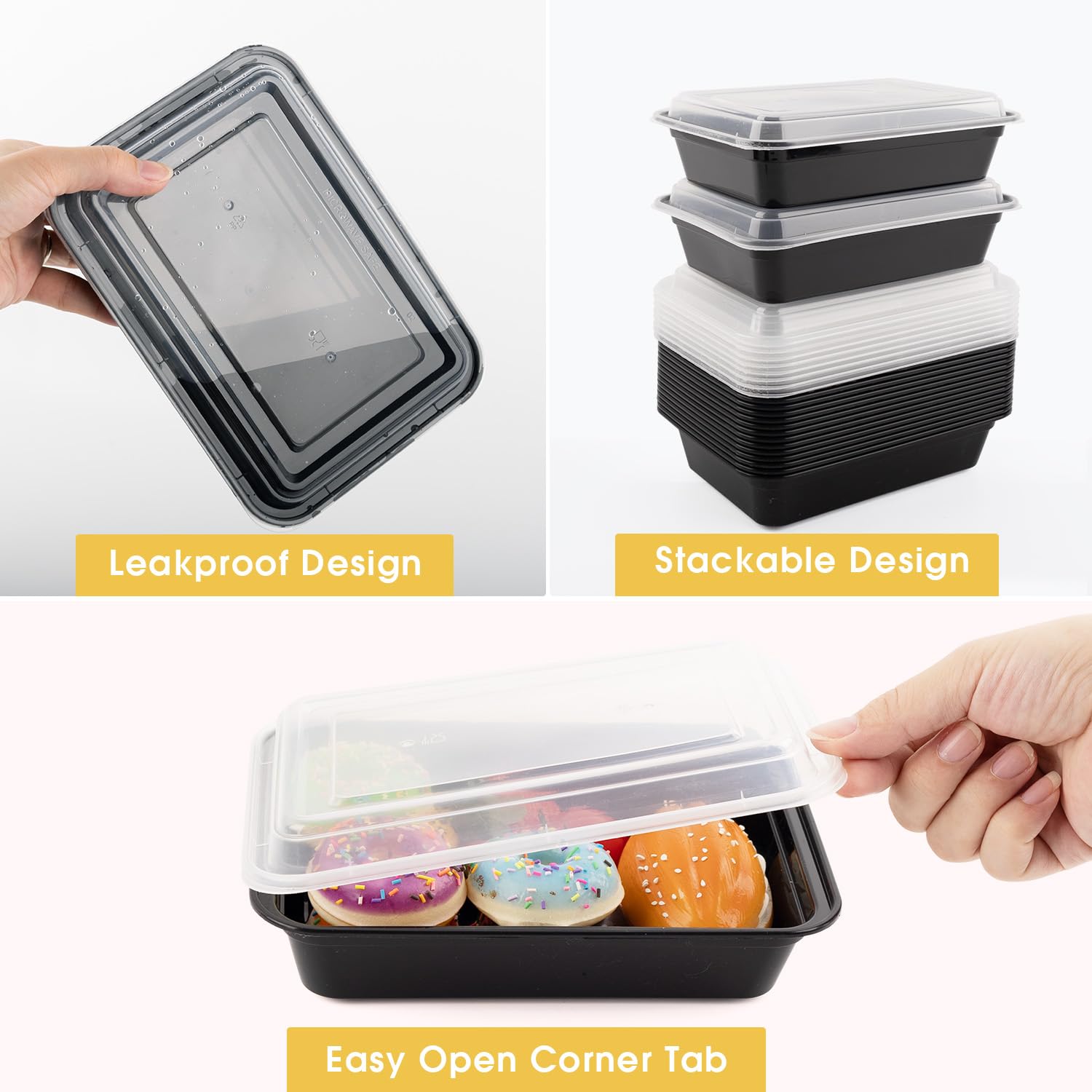 Azure Zone 24 oz 50-Pack Bento Box - Stackable Rectangular Meal Prep Containers with Lids | BPA-Free, Microwave/Dishwasher/Freezer Safe | Perfect for Office Lunches, Meal Prepping & Leftovers Storage