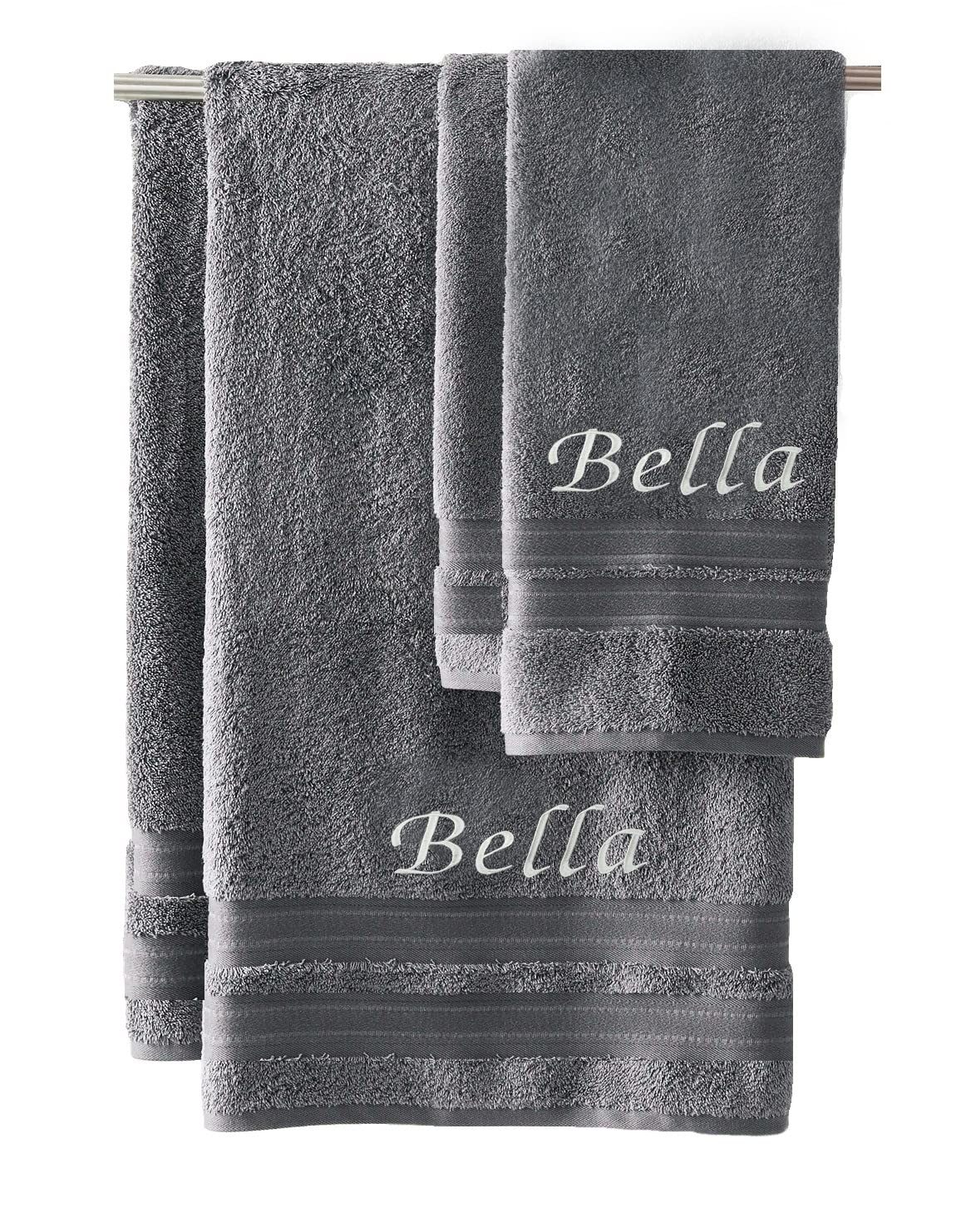 Premium Embroidered Bath & Hand Towel Set - 100% Cotton Luxury Personalized Monogrammed Towels (1 Bath + 1 Hand Towel) - Soft Absorbent Grey Bathroom Towels for Spa, Guest Bath & Luxury Home Decor