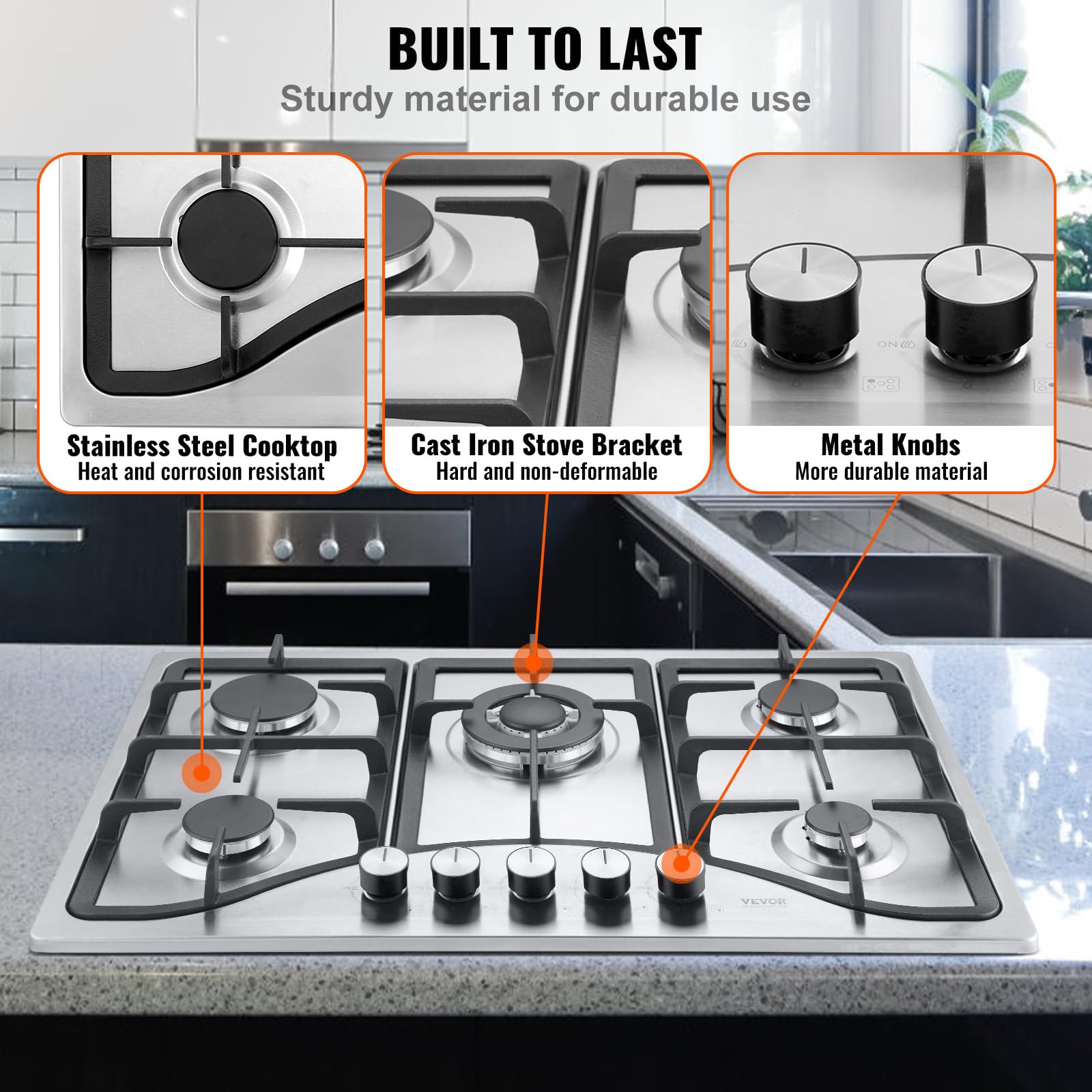 VEVOR 30-inch 5 Burner Built-in Gas Cooktop, 12250BTU NG/LPG Convertible Stainless Steel Gas Stove with Thermocouple Protection - Perfect for Camping, RV, Apartment & Outdoor Cooking