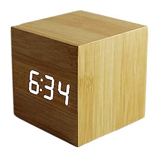 Smart Digital Alarm Clock with LED Display - Wooden Cube Design, Shows Time, Date & Temperature - Perfect for Kids, Bedroom, Home, Dorm & Travel - Ideal for Nightstands, Desks & Gift Giving (AC10 Yellow/White)